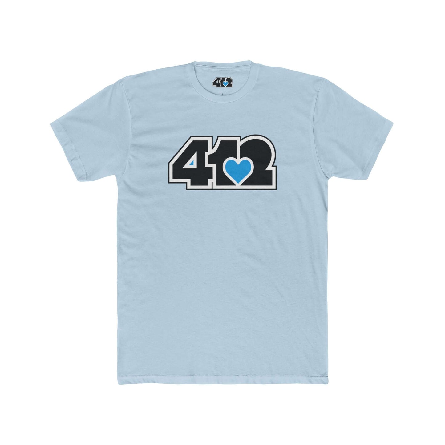 Pittsburgh T-Shirt | Black & Blue 412 Logo. Apparel Color: Solid Light Blue. Tailored fit T-Shirt with breathable cotton fabric, and classic neckline.