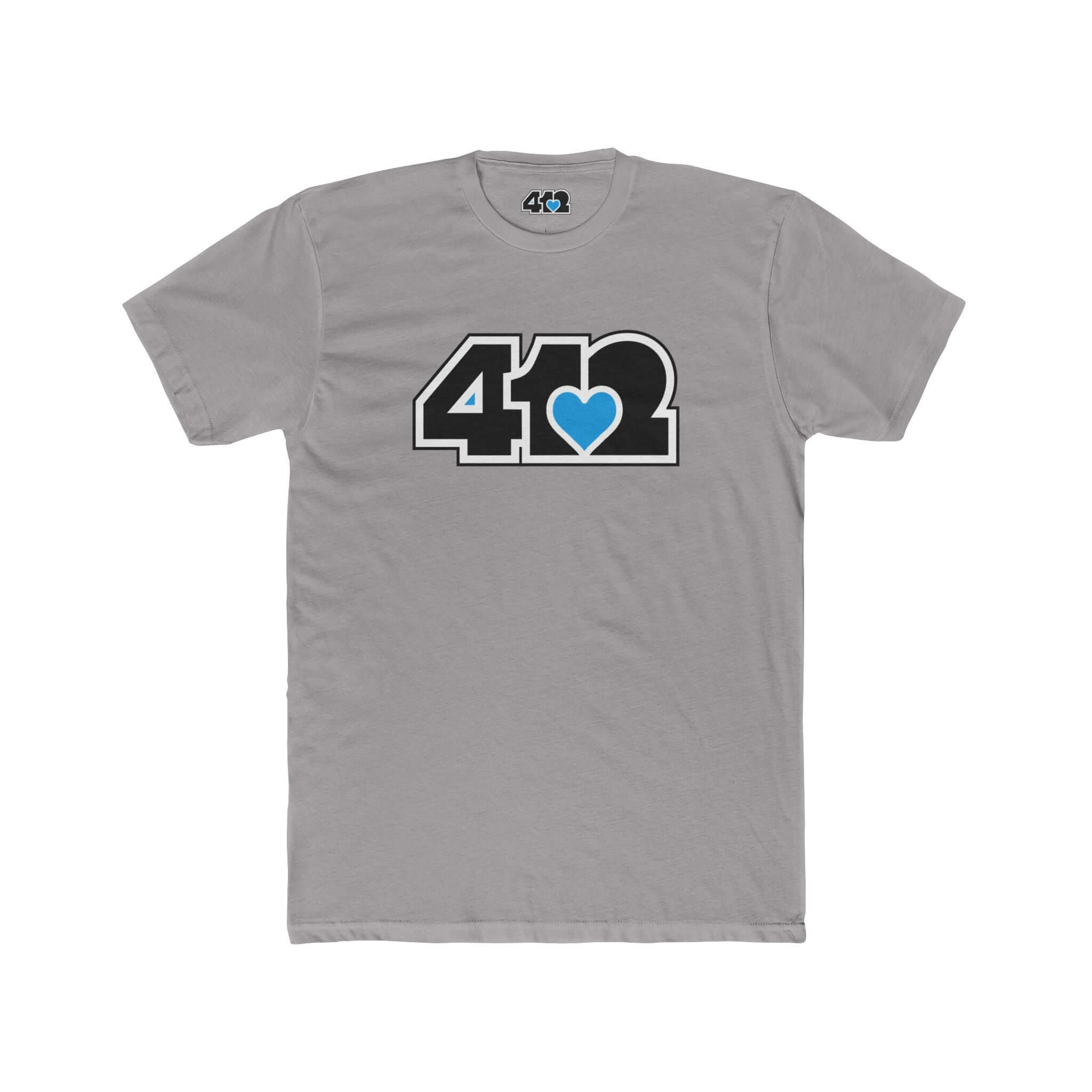 Pittsburgh T-Shirt | Black & Blue 412 Logo. Apparel Color: Solid Light Grey. Tailored fit T-Shirt with breathable cotton fabric, and classic neckline.
