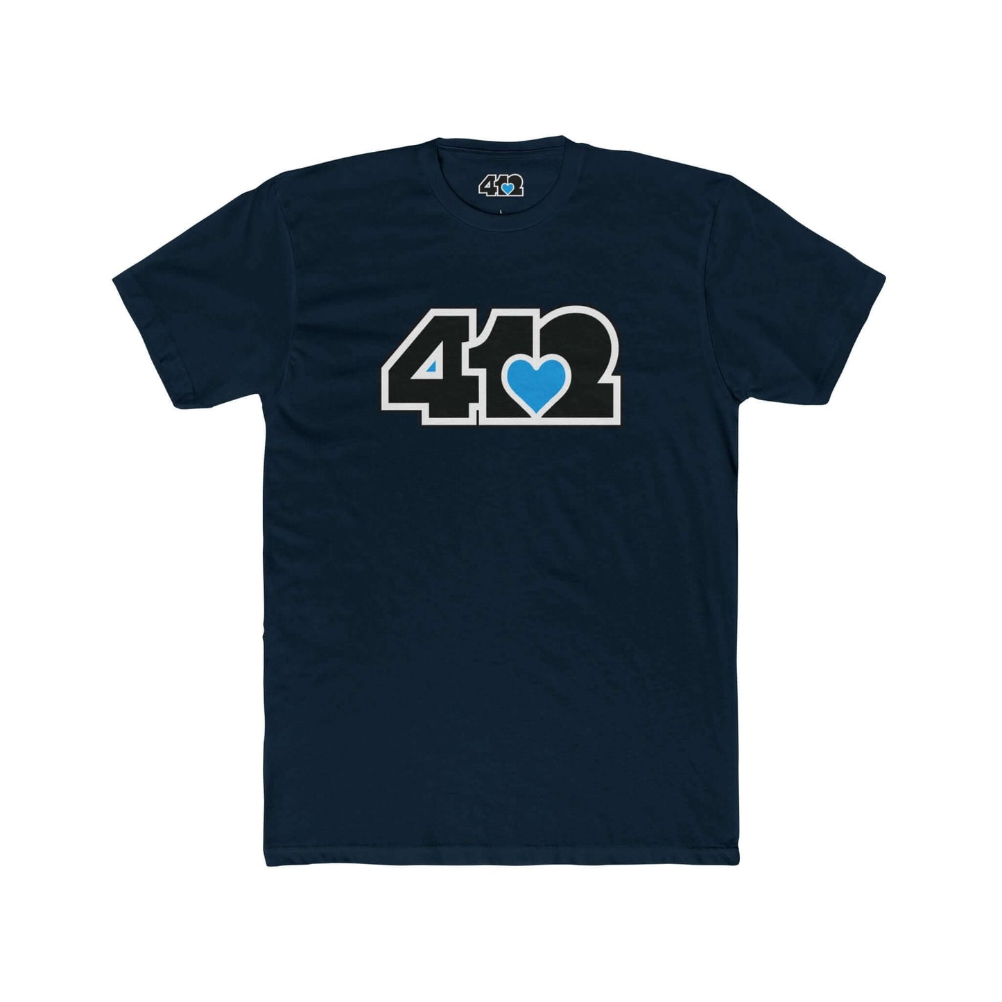 Pittsburgh T-Shirt | Black & Blue 412 Logo. Apparel Color: Solid Midnight Navy. Tailored fit T-Shirt with breathable cotton fabric, and classic neckline.