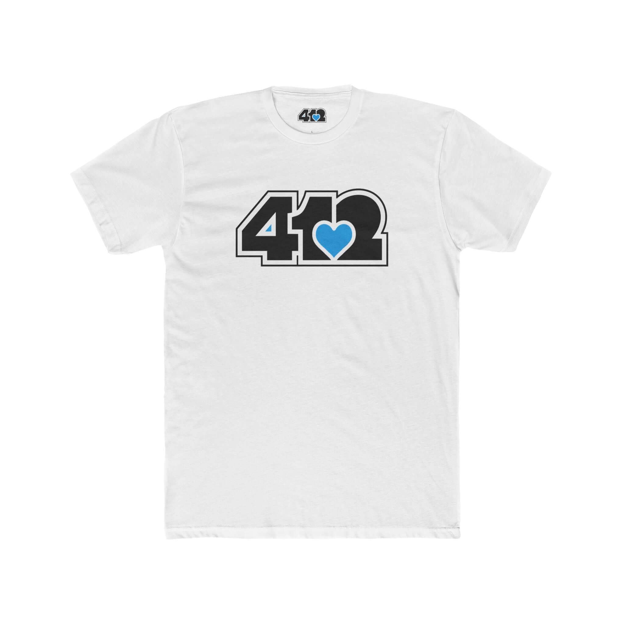 Pittsburgh T-Shirt | Black & Blue 412 Logo. Apparel Color: Solid White. Tailored fit T-Shirt with breathable cotton fabric, and classic neckline.