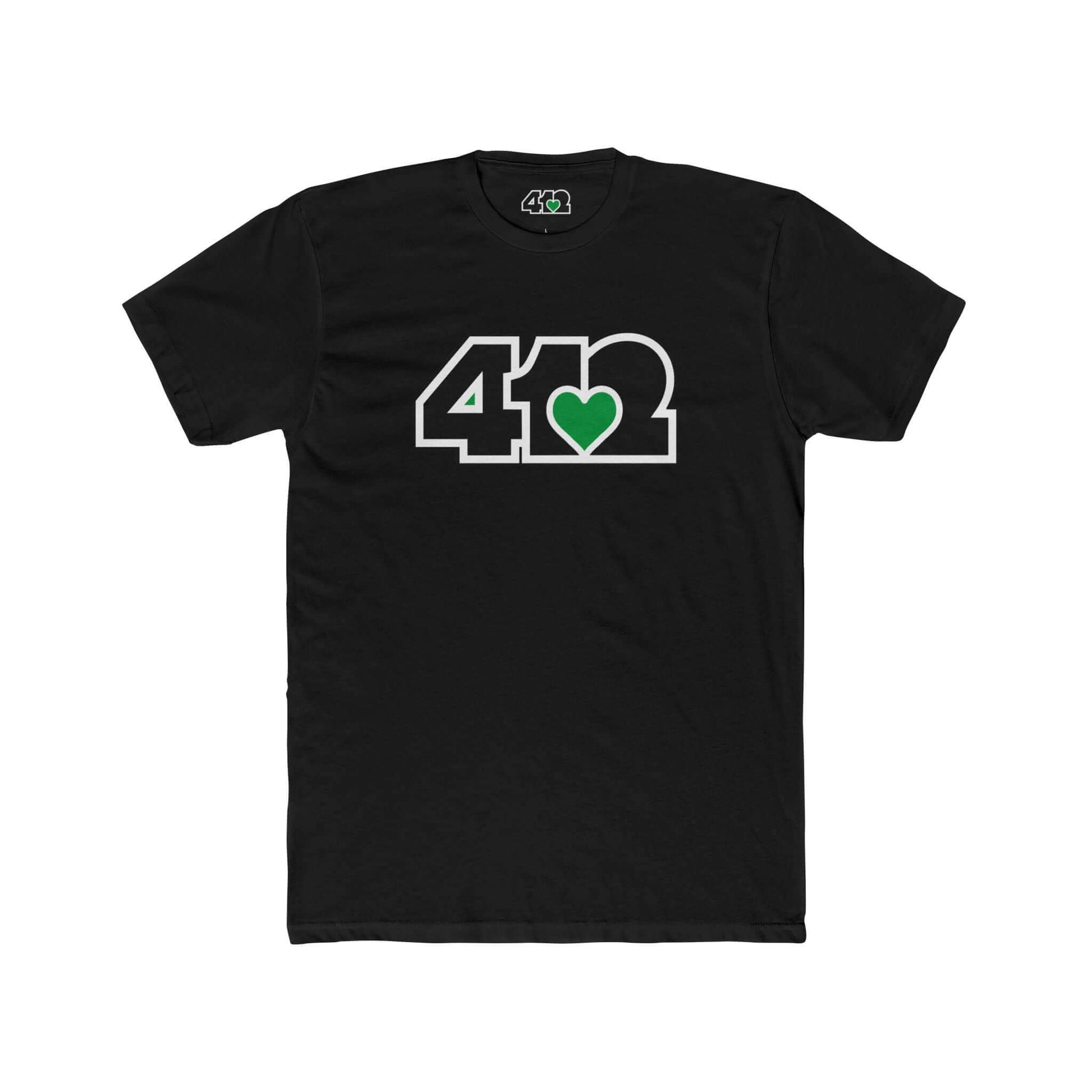 Pittsburgh T-Shirt | Black & Green 412 Logo. Apparel Color: Solid Black. Tailored fit T-Shirt with breathable cotton fabric, and classic neckline.
