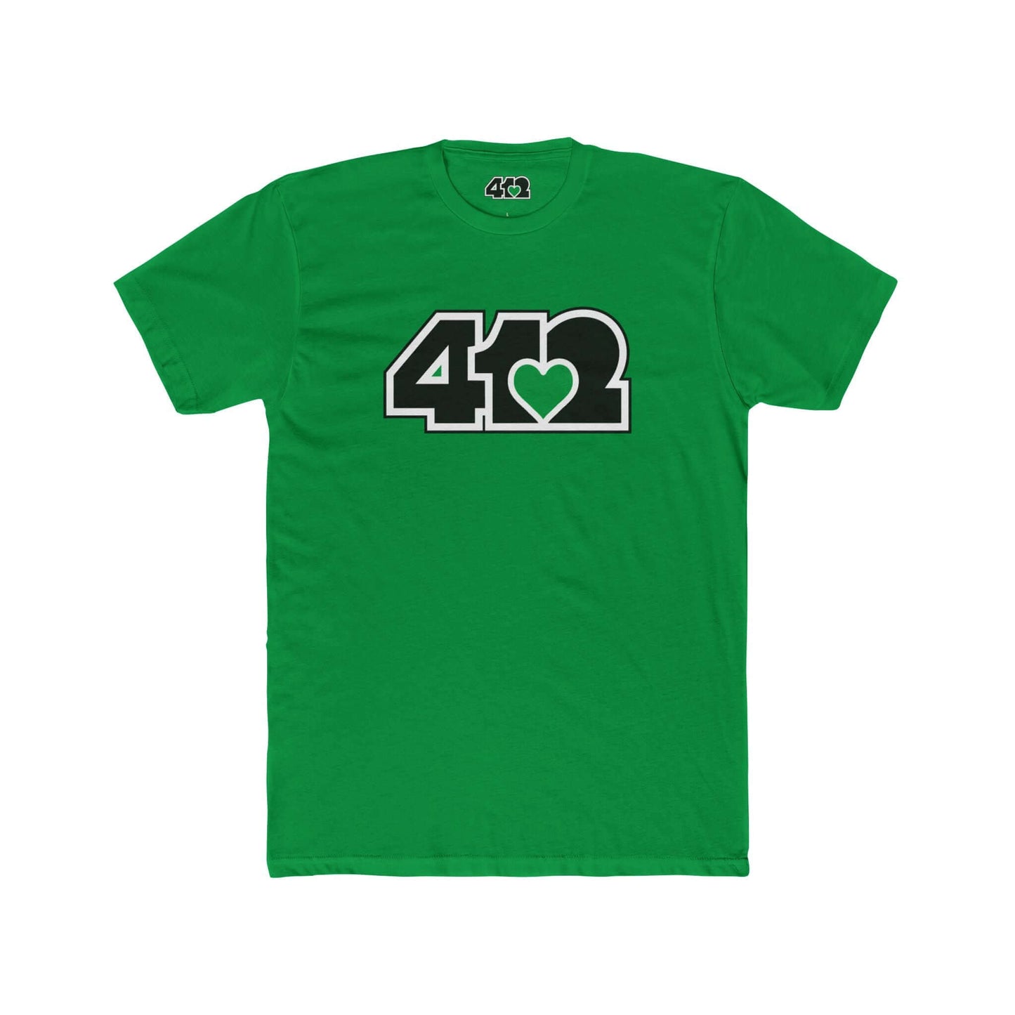 Pittsburgh T-Shirt | Black & Green 412 Logo. Apparel Color: Solid Kelly Green. Tailored fit T-Shirt with breathable cotton fabric, and classic neckline.