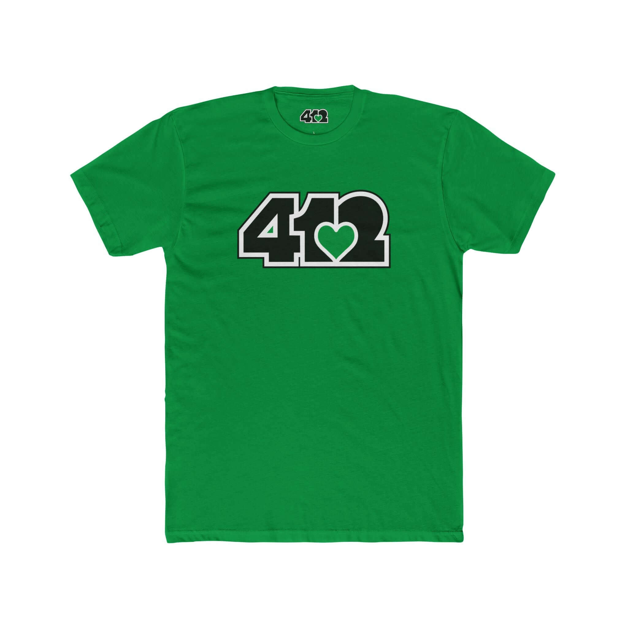 Pittsburgh T-Shirt | Black & Green 412 Logo. Apparel Color: Solid Kelly Green. Tailored fit T-Shirt with breathable cotton fabric, and classic neckline.