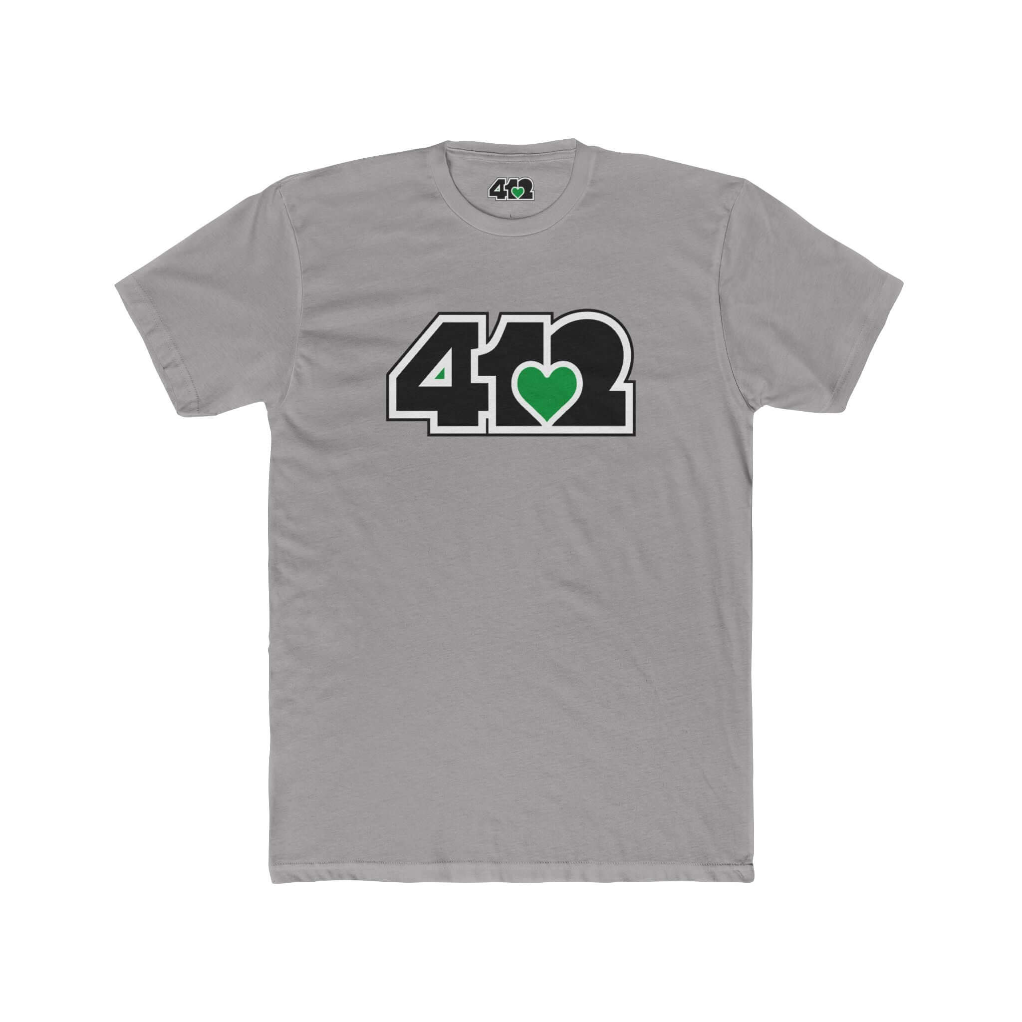 Pittsburgh T-Shirt | Black & Green 412 Logo. Apparel Color: Solid Light Grey. Tailored fit T-Shirt with breathable cotton fabric, and classic neckline.