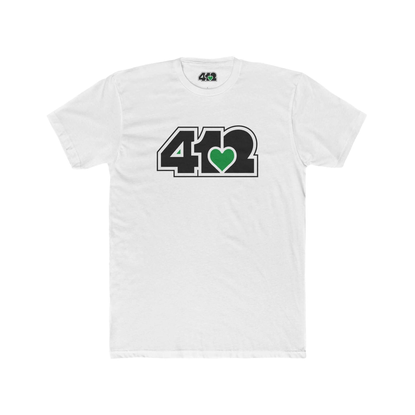Pittsburgh T-Shirt | Black & Green 412 Logo. Apparel Color: Solid White. Tailored fit T-Shirt with breathable cotton fabric, and classic neckline.