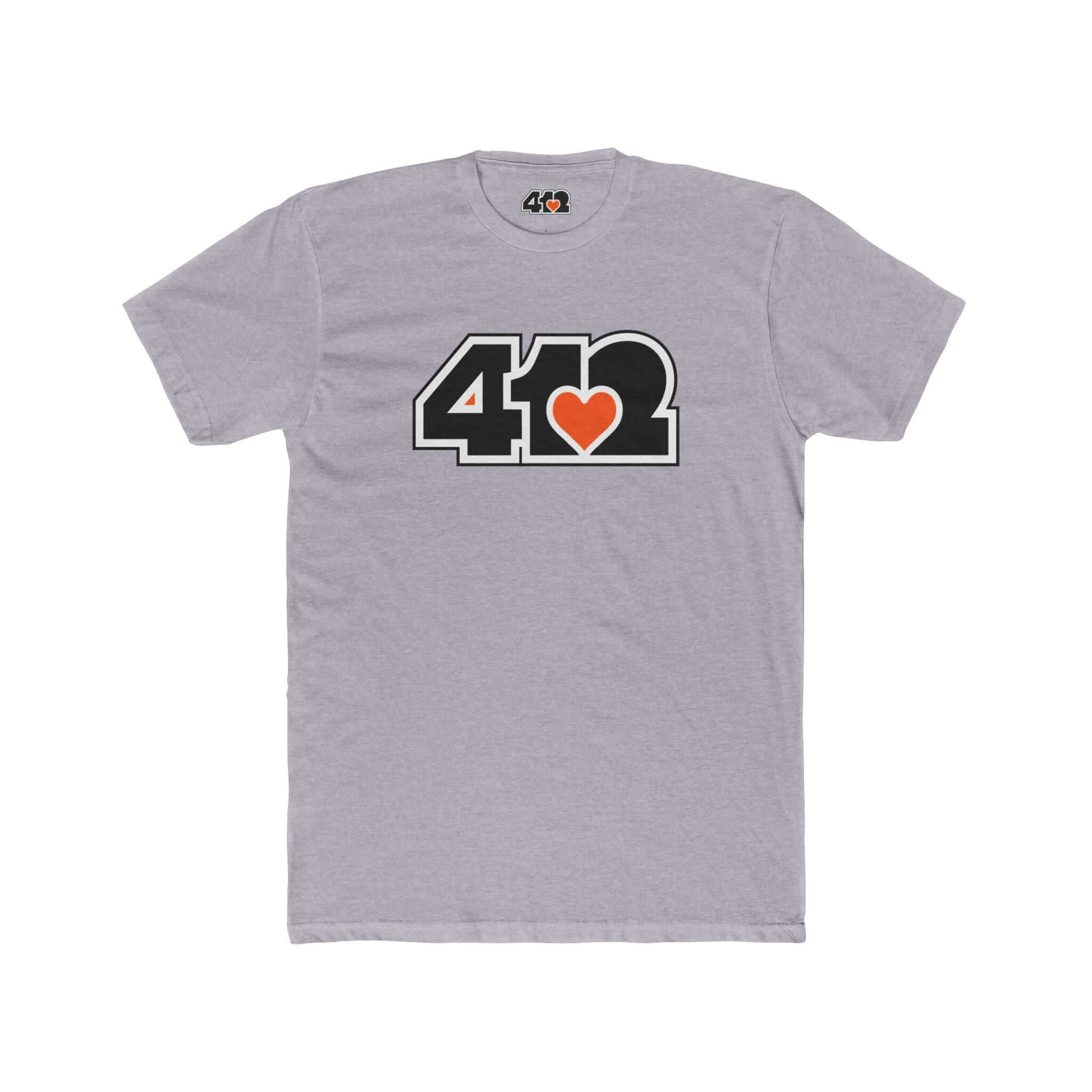 Pittsburgh T-Shirt | Black & Orange 412 Logo. Apparel Color: Heather Grey. Tailored fit T-Shirt with breathable cotton fabric, and classic neckline.