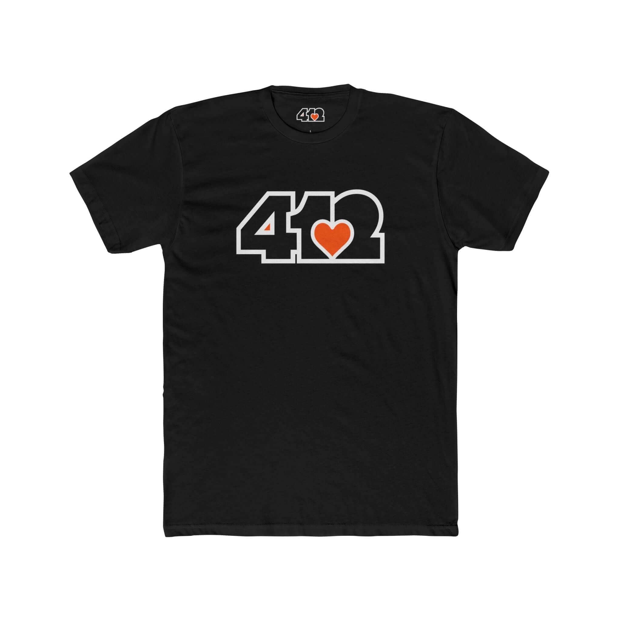 Pittsburgh T-Shirt | Black & Orange 412 Logo. Apparel Color: Solid Black. Tailored fit T-Shirt with breathable cotton fabric, and classic neckline.