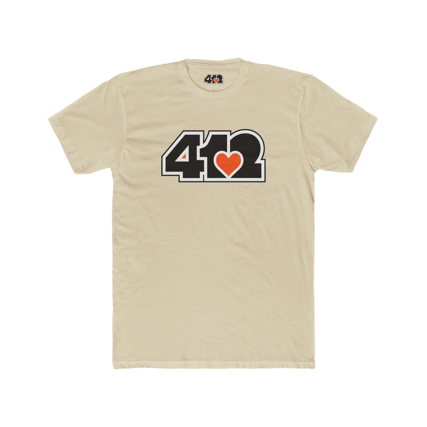 Pittsburgh T-Shirt | Black & Orange 412 Logo. Apparel Color: Solid Cream. Tailored fit T-Shirt with breathable cotton fabric, and classic neckline.