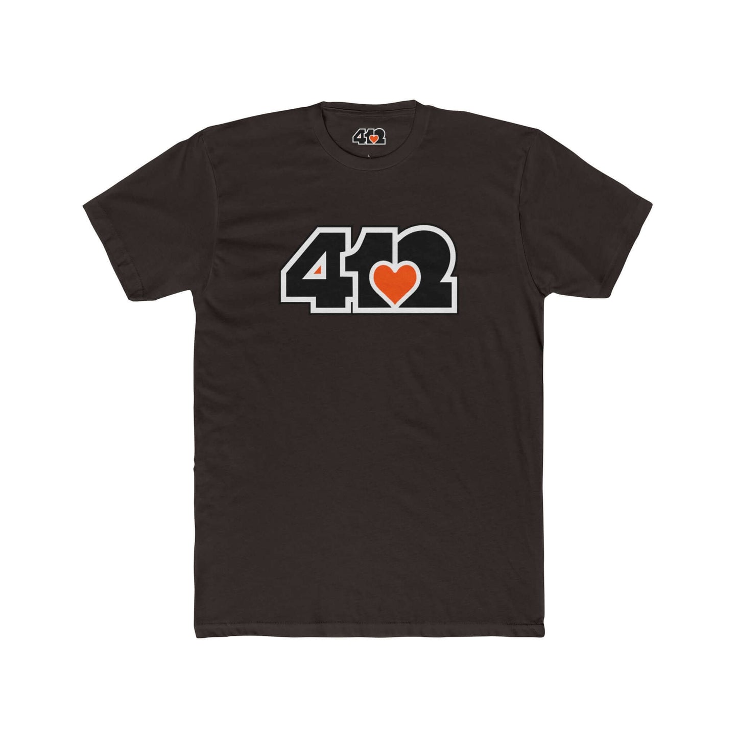 Pittsburgh T-Shirt | Black & Orange 412 Logo. Apparel Color: Solid Dark Chocolate. Tailored fit T-Shirt with breathable cotton fabric, and classic neckline.