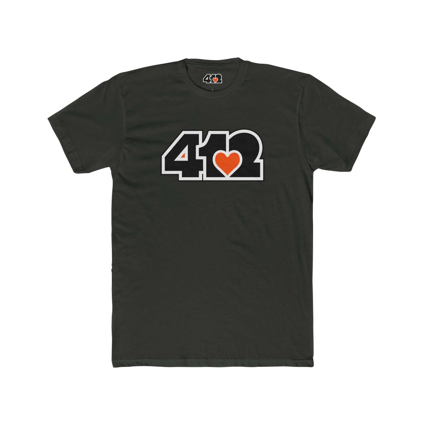 Pittsburgh T-Shirt | Black & Orange 412 Logo. Apparel Color: Solid Heavy Metal. Tailored fit T-Shirt with breathable cotton fabric, and classic neckline.