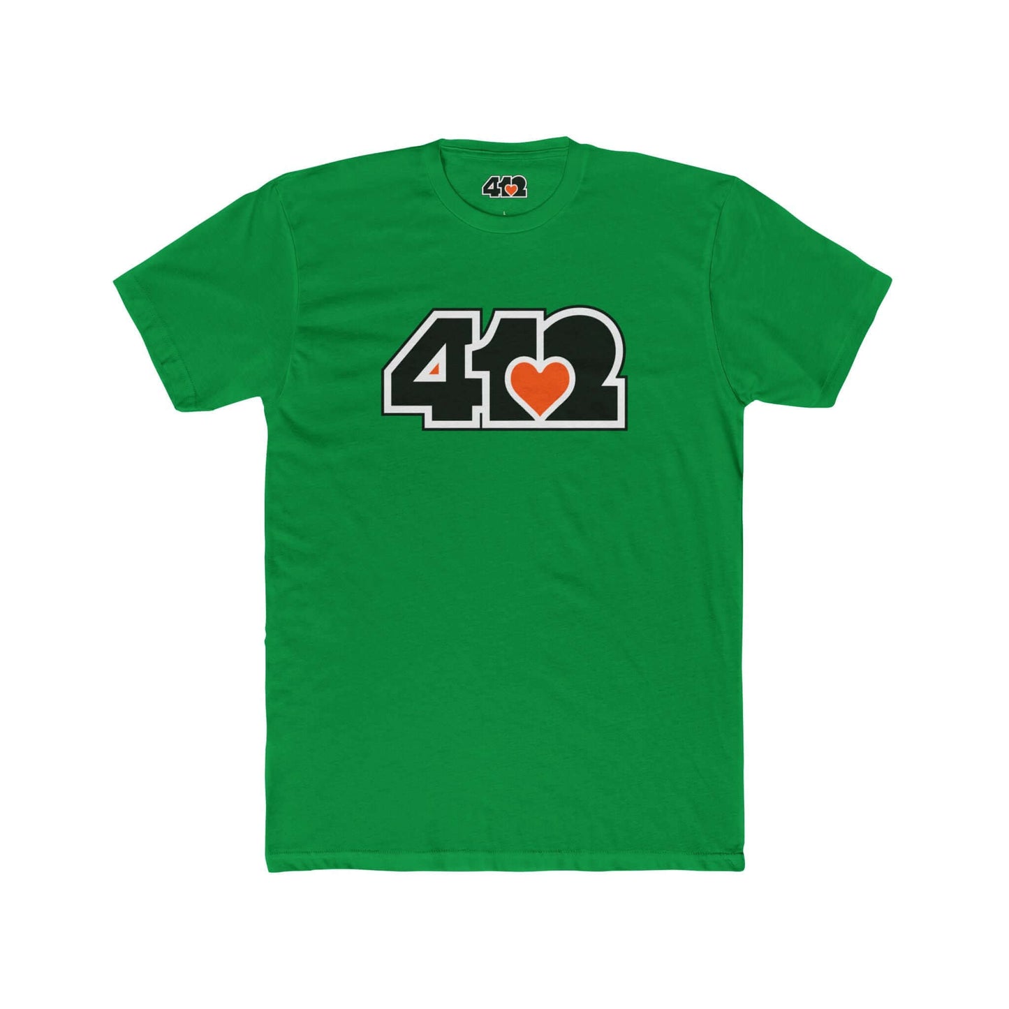 Pittsburgh T-Shirt | Black & Orange 412 Logo. Apparel Color: Solid Kelly Green. Tailored fit T-Shirt with breathable cotton fabric, and classic neckline.