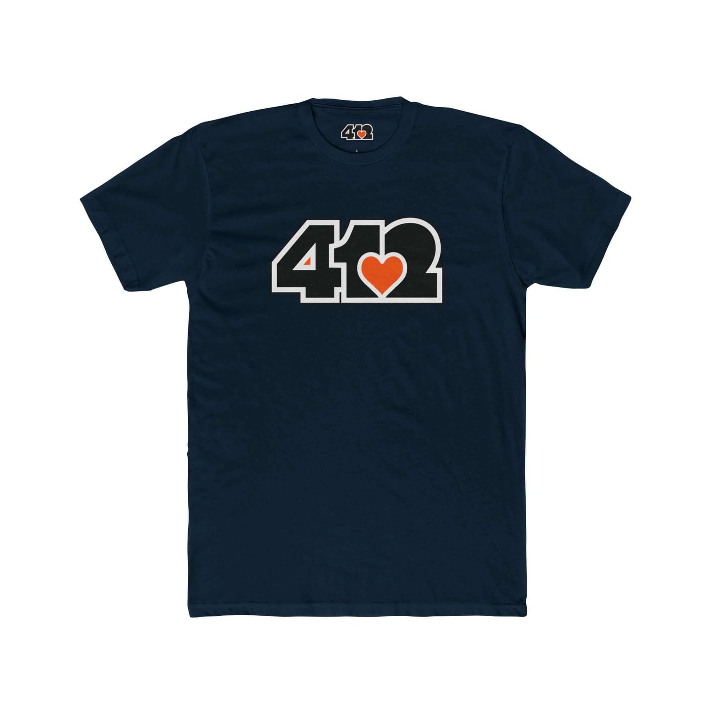 Pittsburgh T-Shirt | Black & Orange 412 Logo. Apparel Color: Solid Midnight Navy. Tailored fit T-Shirt with breathable cotton fabric, and classic neckline.
