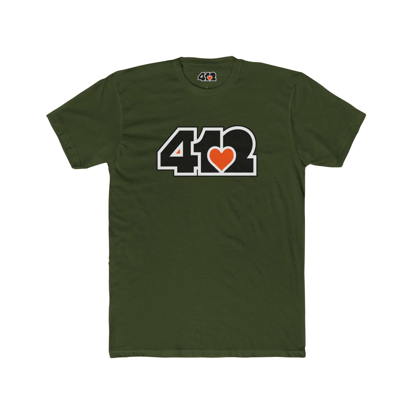 Pittsburgh T-Shirt | Black & Orange 412 Logo. Apparel Color: Solid Military Green. Tailored fit T-Shirt with breathable cotton fabric, and classic neckline.