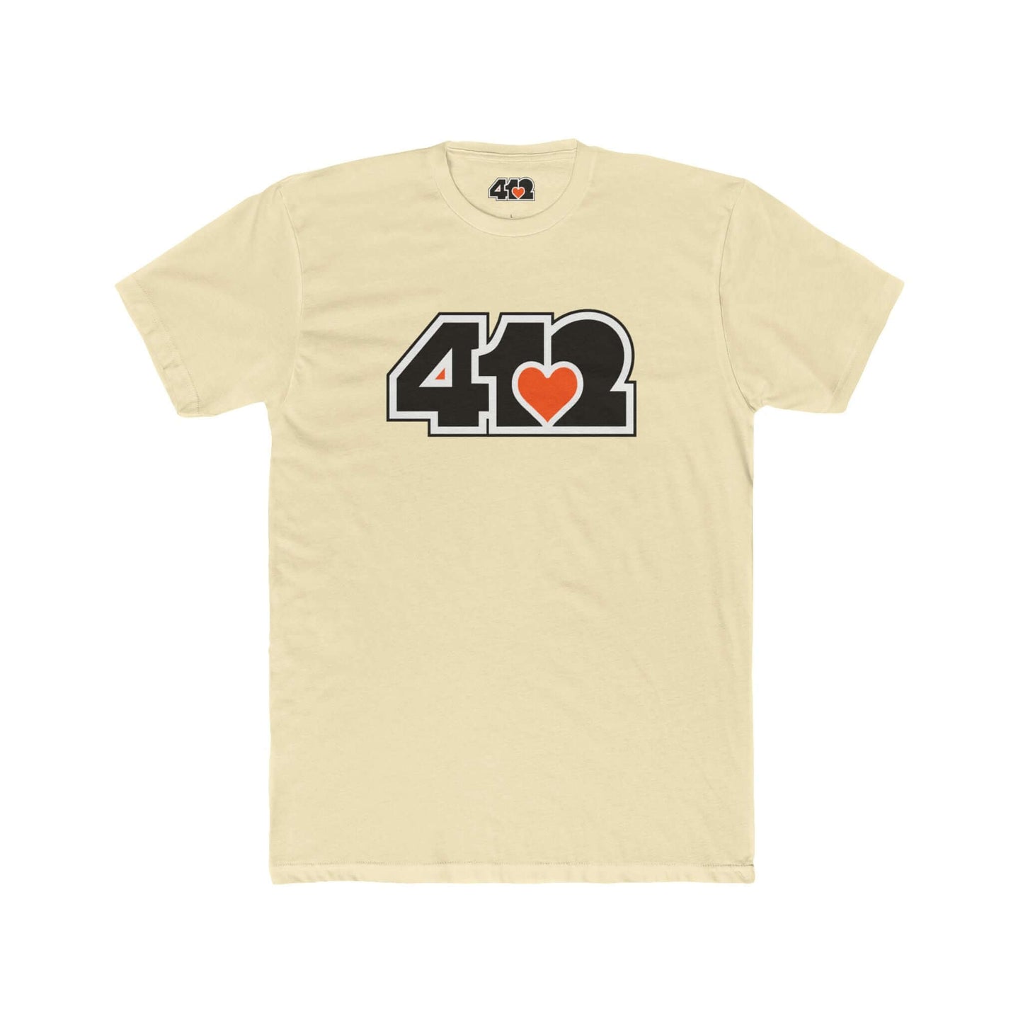 Pittsburgh T-Shirt | Black & Orange 412 Logo. Apparel Color: Solid Natural. Tailored fit T-Shirt with breathable cotton fabric, and classic neckline.