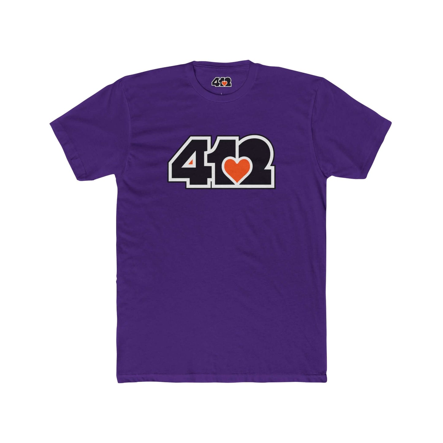 Pittsburgh T-Shirt | Black & Orange 412 Logo. Apparel Color: Solid Purple Rush. Tailored fit T-Shirt with breathable cotton fabric, and classic neckline.