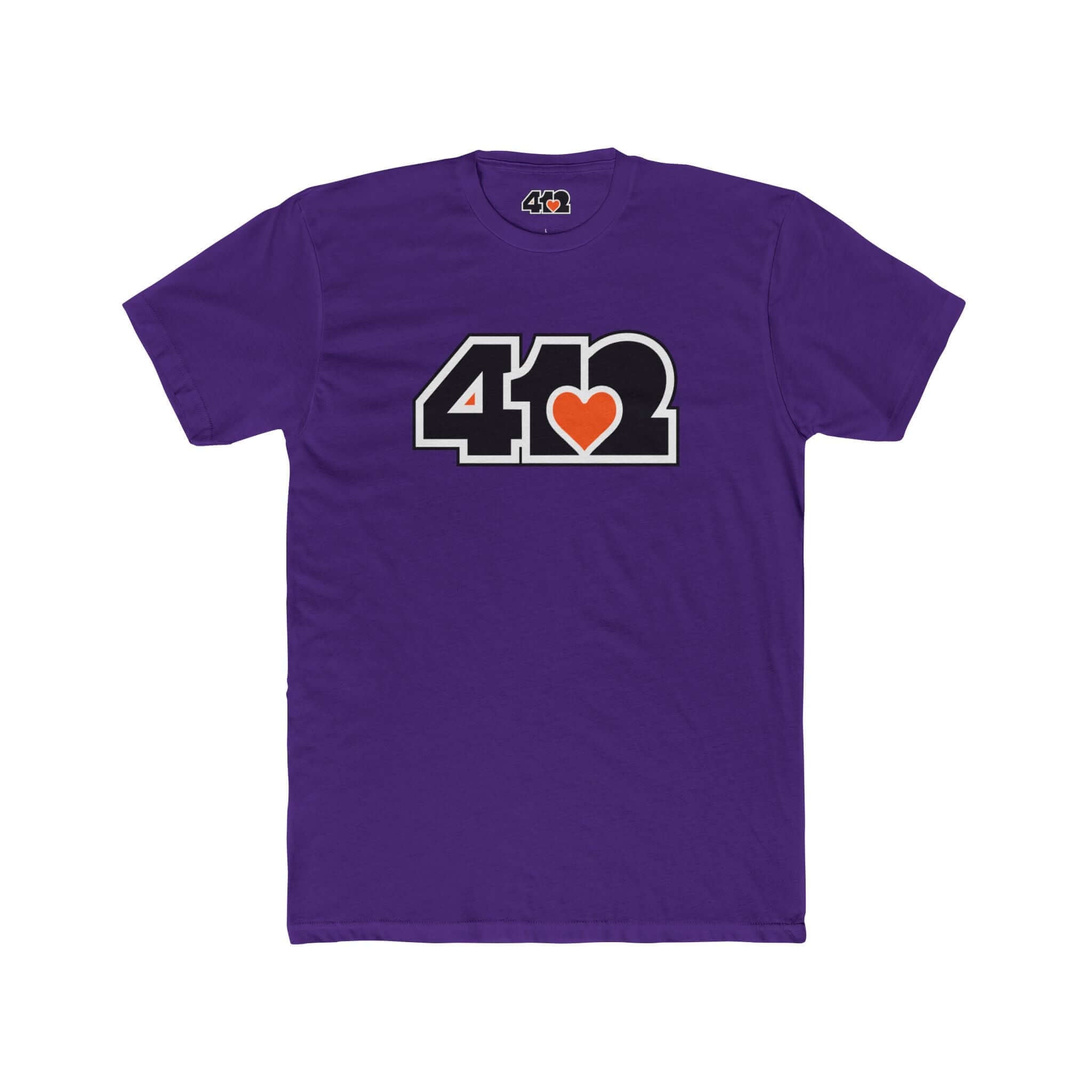 Pittsburgh T-Shirt | Black & Orange 412 Logo. Apparel Color: Solid Purple Rush. Tailored fit T-Shirt with breathable cotton fabric, and classic neckline.