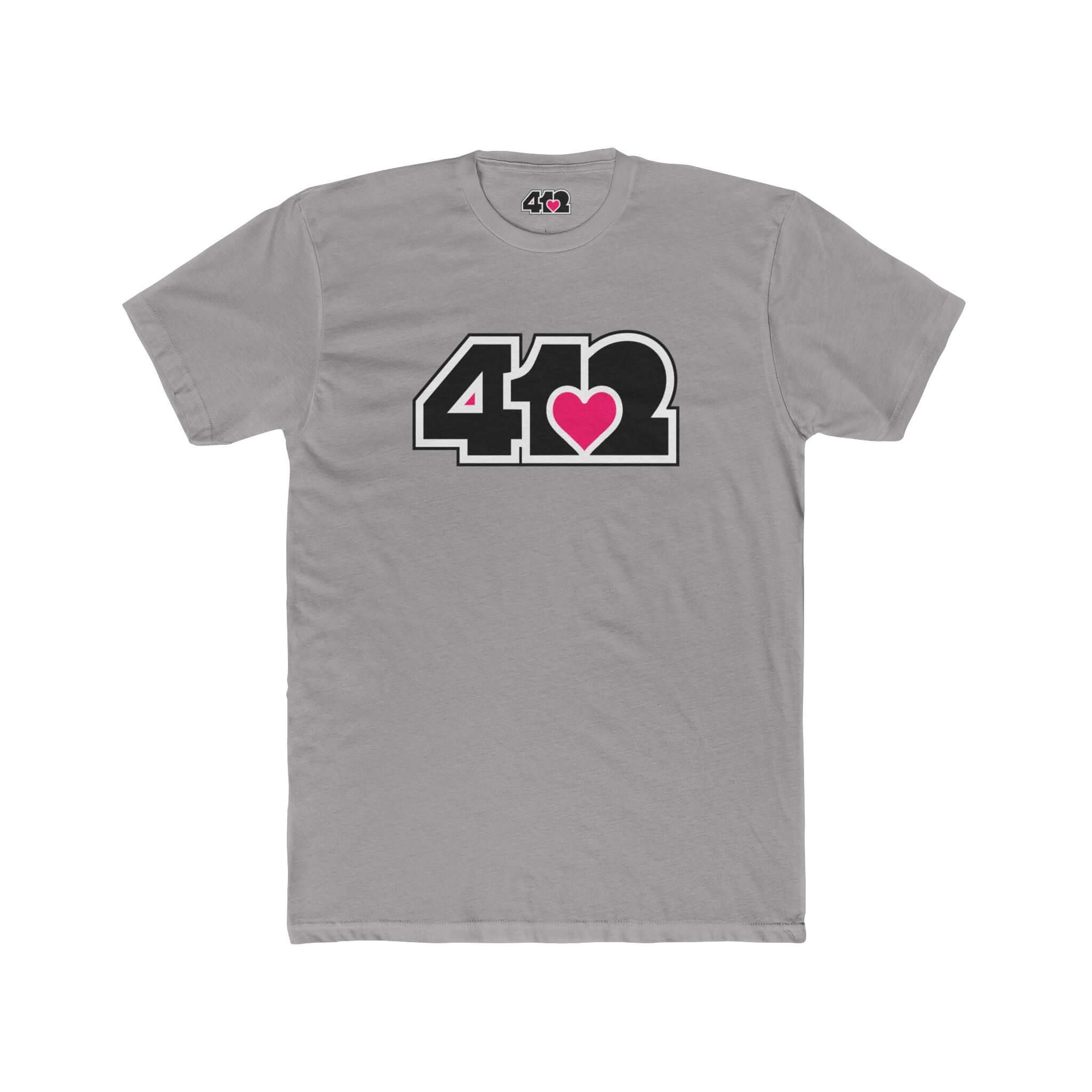 Pittsburgh T-Shirt | Black & Pink 412 Logo. Apparel Color: Solid Light Grey. Tailored fit T-Shirt with breathable cotton fabric, and classic neckline.
