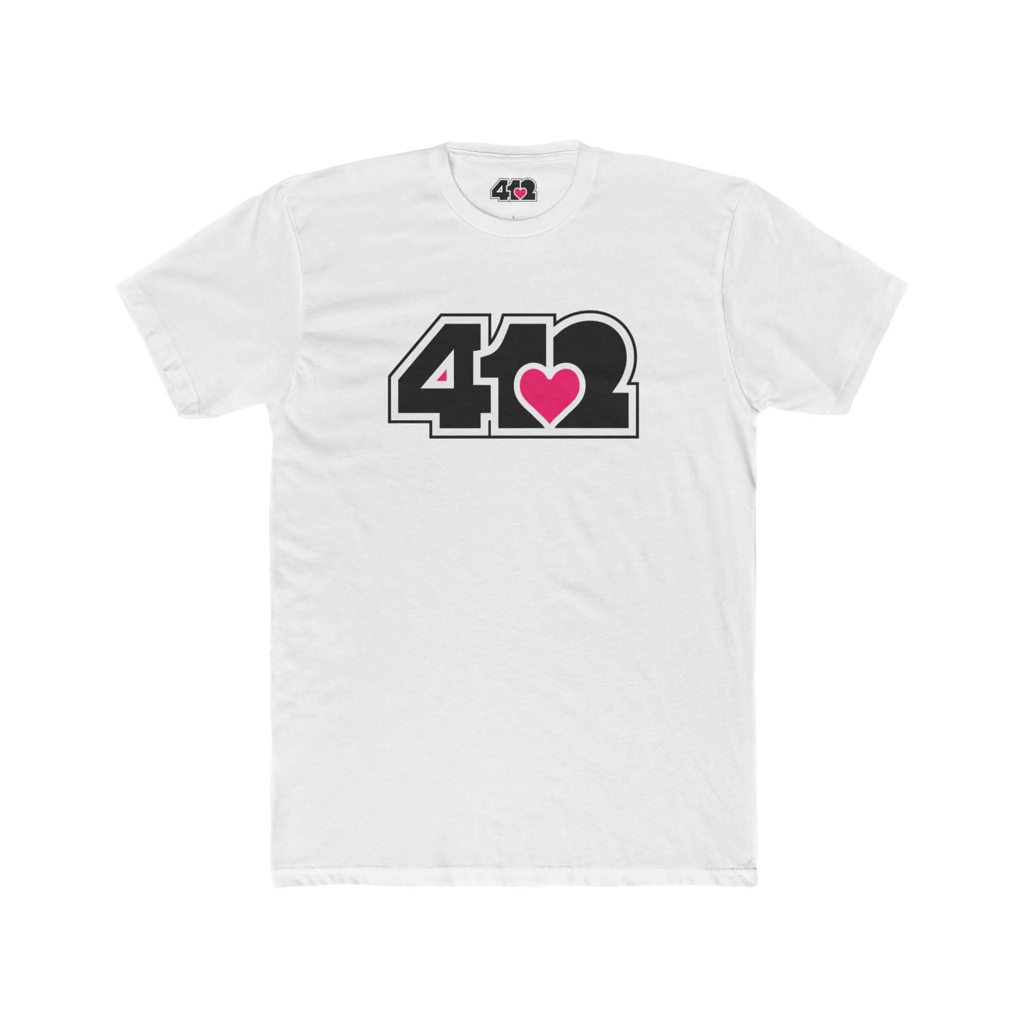 Pittsburgh T-Shirt | Black & Pink 412 Logo. Apparel Color: Solid White. Tailored fit T-Shirt with breathable cotton fabric, and classic neckline.