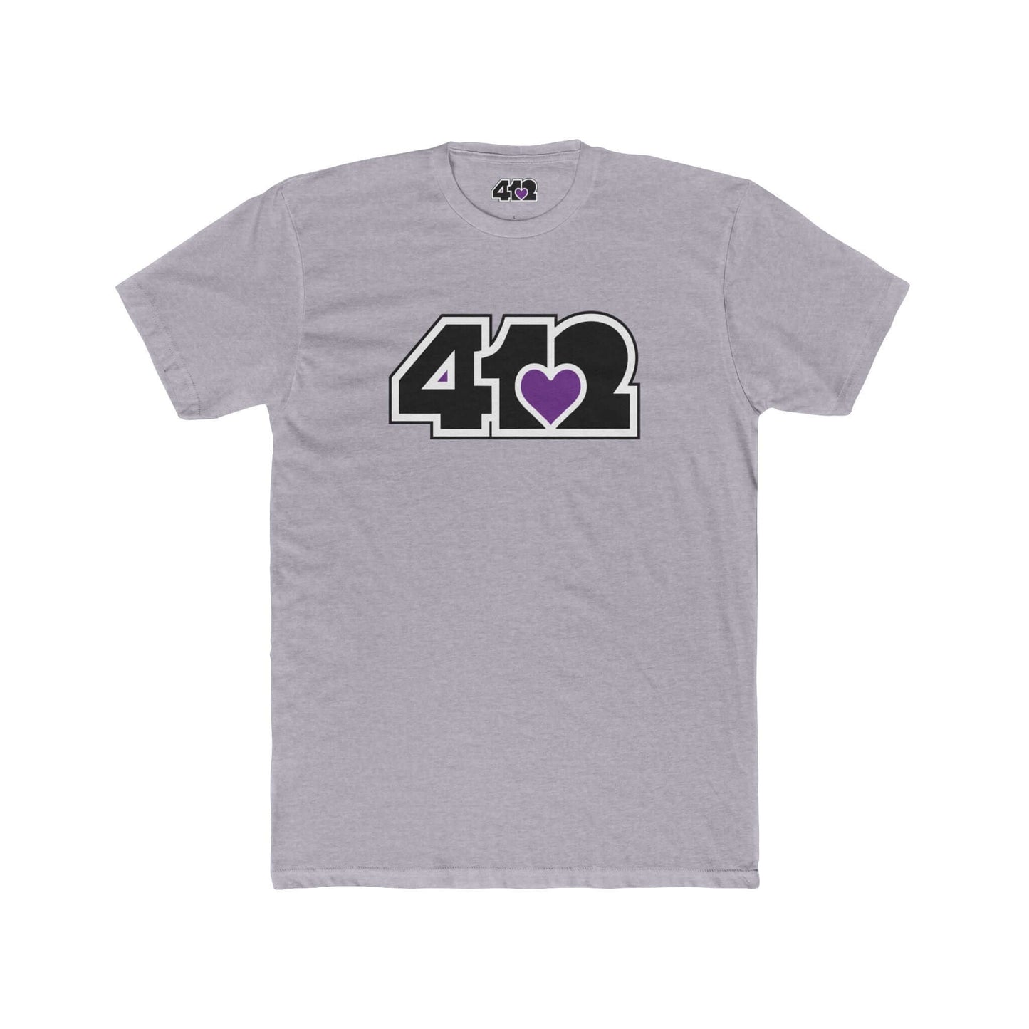 Pittsburgh T-Shirt | Black & Purple 412 Logo. Apparel Color: Heather Grey. Tailored fit T-Shirt with breathable cotton fabric, and classic neckline.