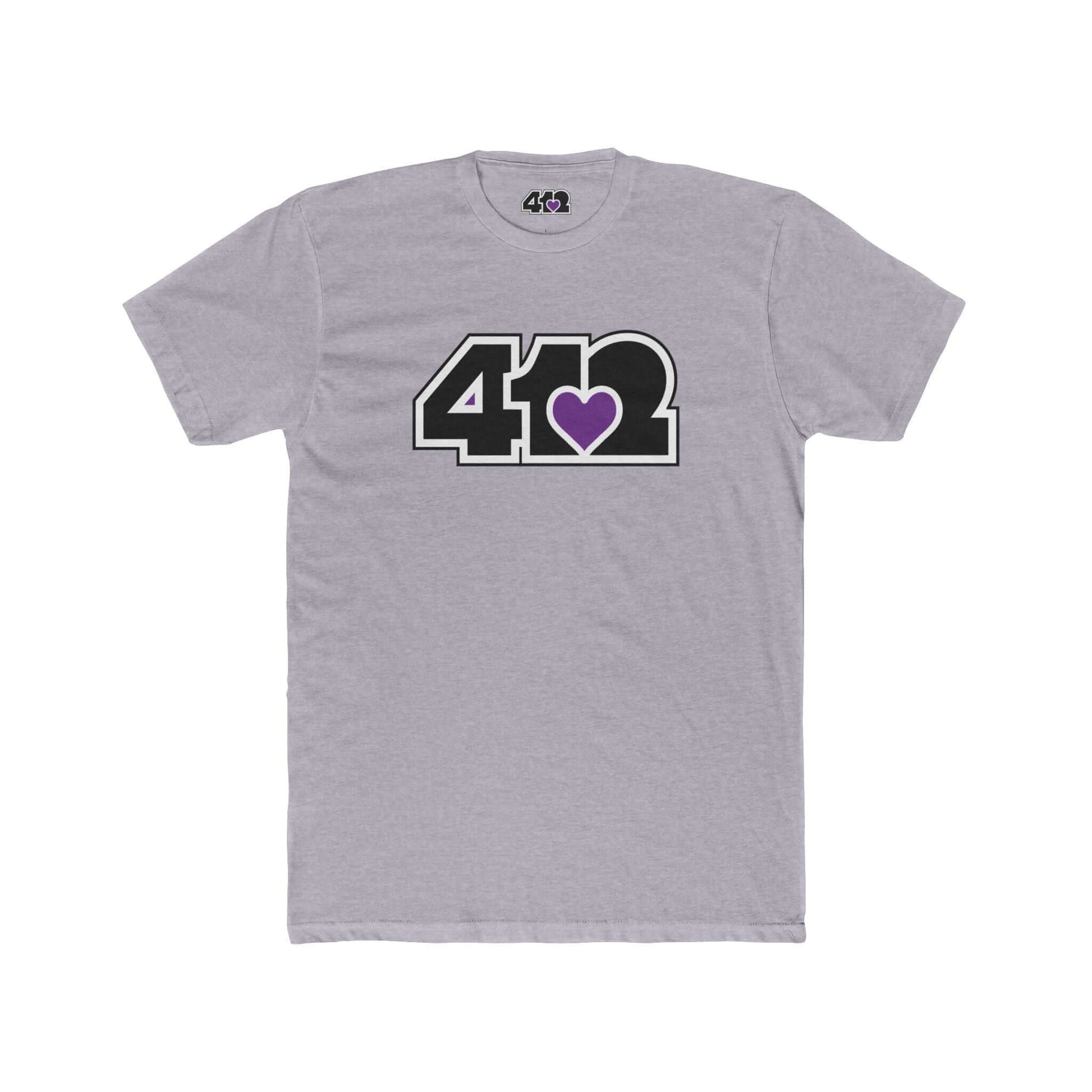 Pittsburgh T-Shirt | Black & Purple 412 Logo. Apparel Color: Heather Grey. Tailored fit T-Shirt with breathable cotton fabric, and classic neckline.