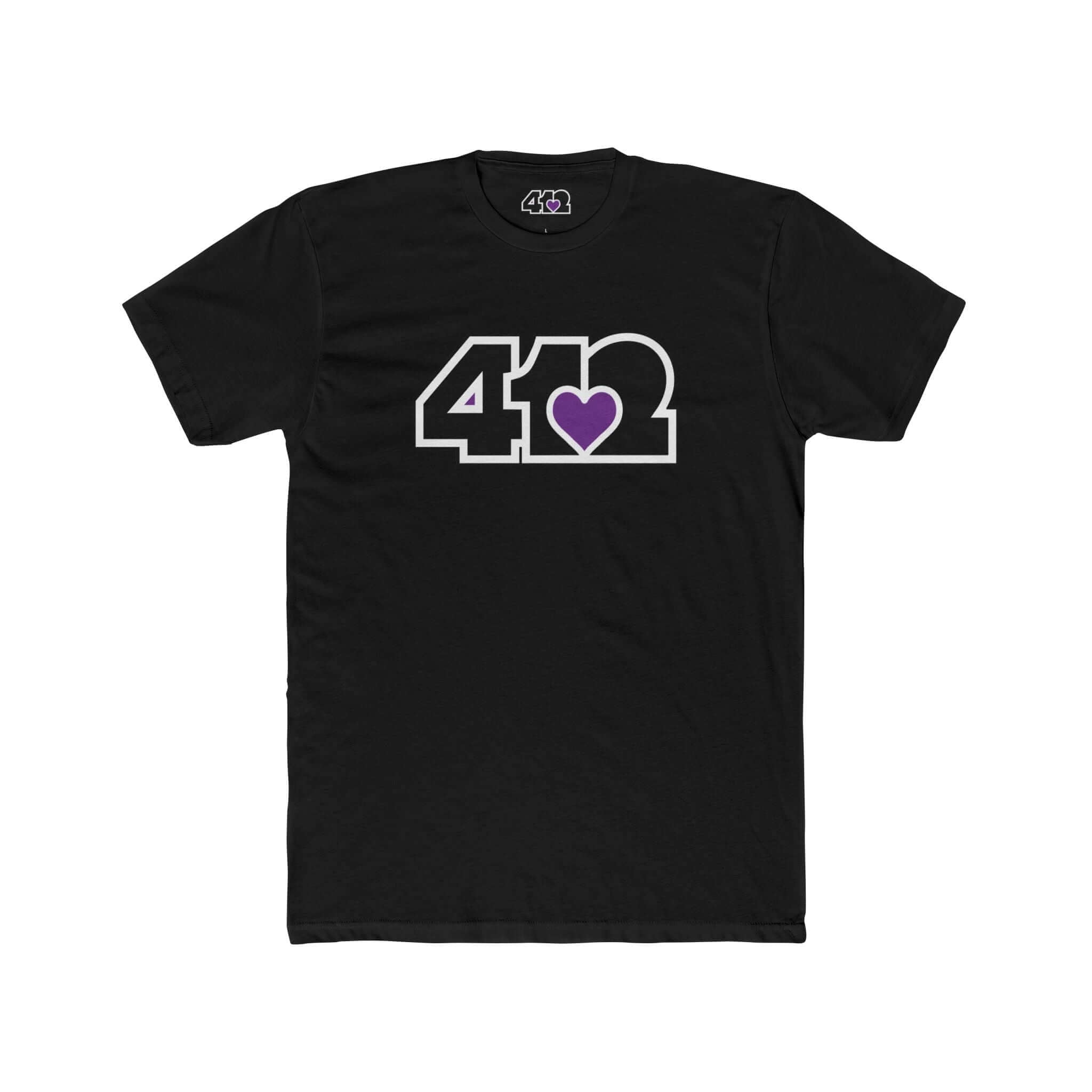 Pittsburgh T-Shirt | Black & Purple 412 Logo. Apparel Color: Solid Black. Tailored fit T-Shirt with breathable cotton fabric, and classic neckline.