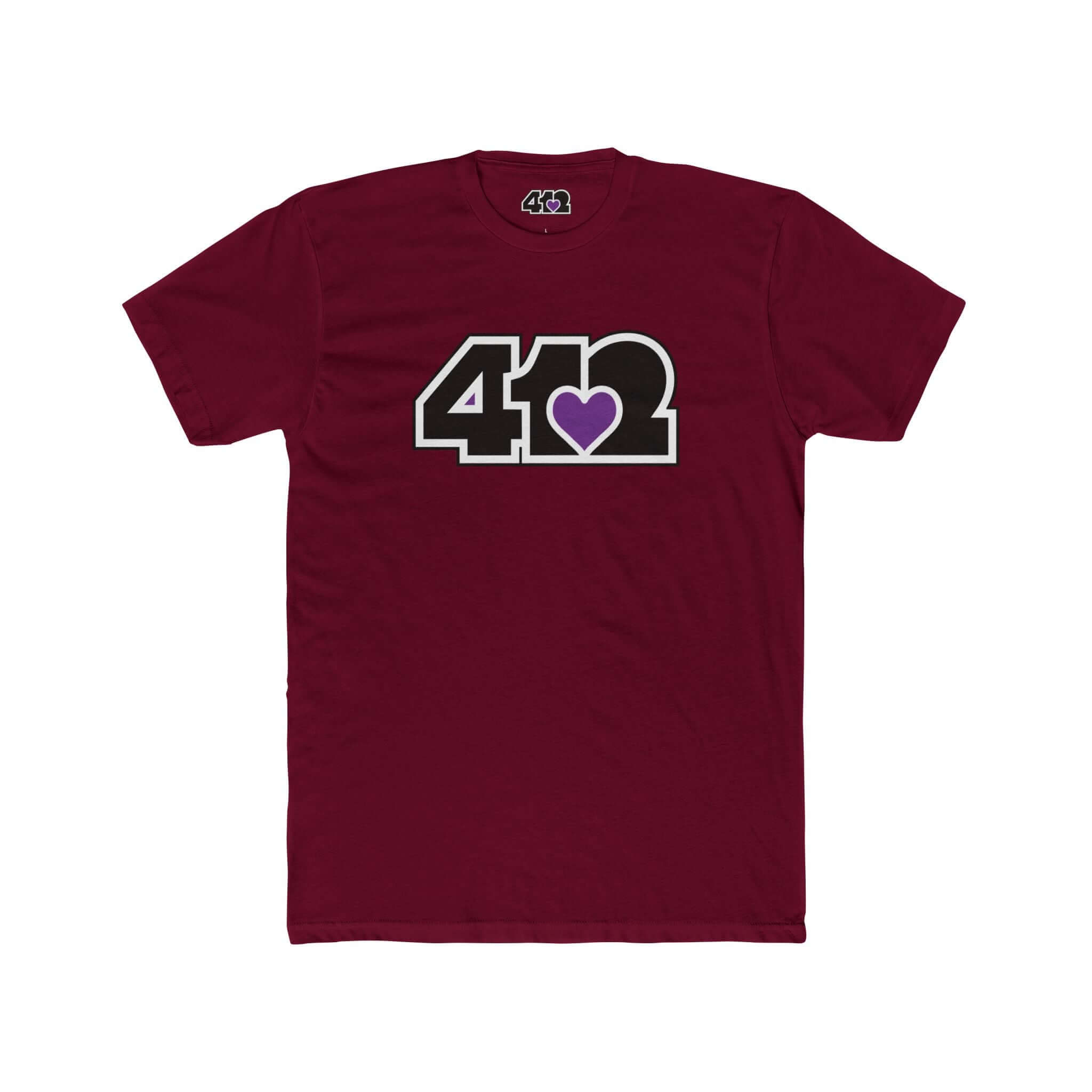 Pittsburgh T-Shirt | Black & Purple 412 Logo. Apparel Color: Solid Cardinal Red. Tailored fit T-Shirt with breathable cotton fabric, and classic neckline.