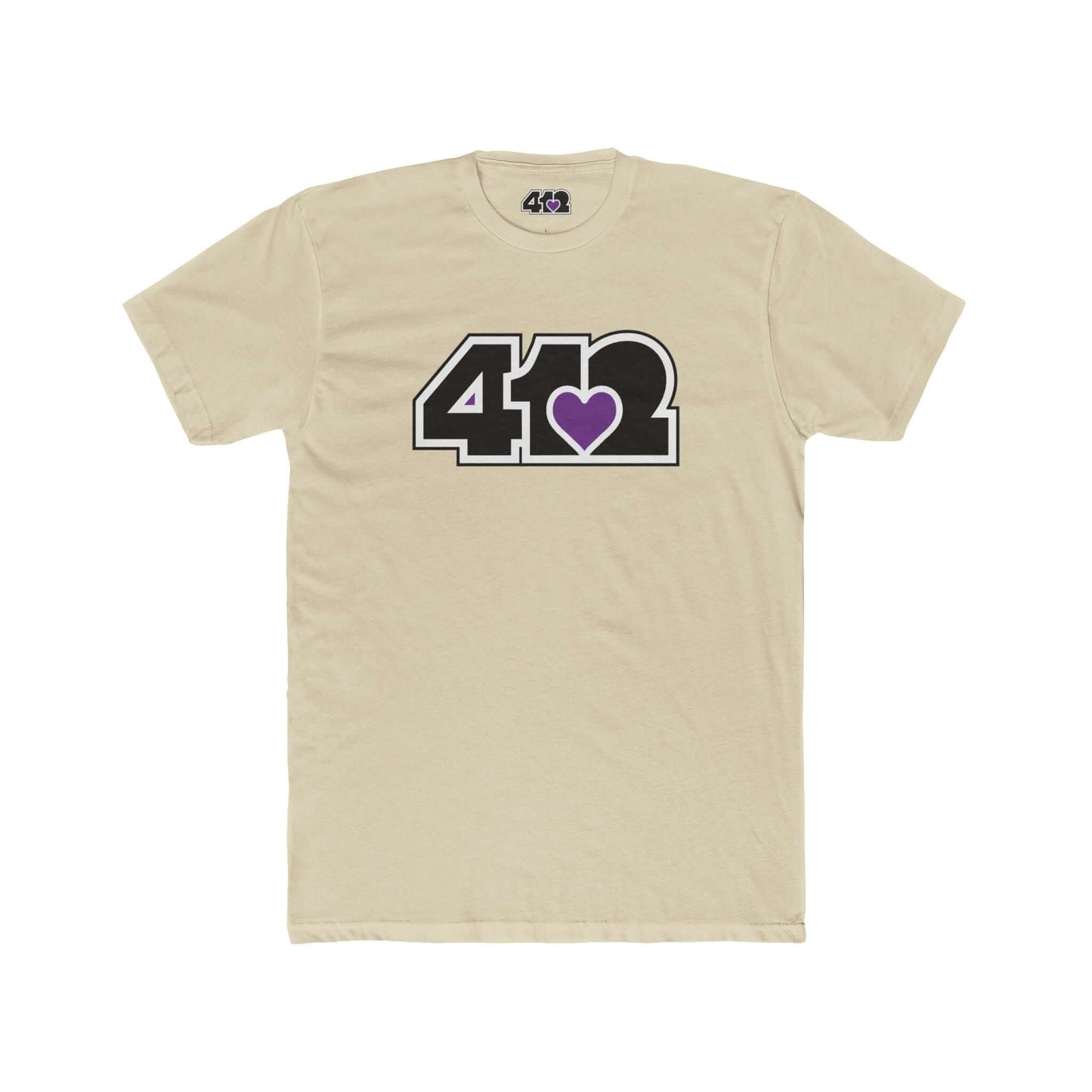 Pittsburgh T-Shirt | Black & Purple 412 Logo. Apparel Color: Solid Cream. Tailored fit T-Shirt with breathable cotton fabric, and classic neckline.