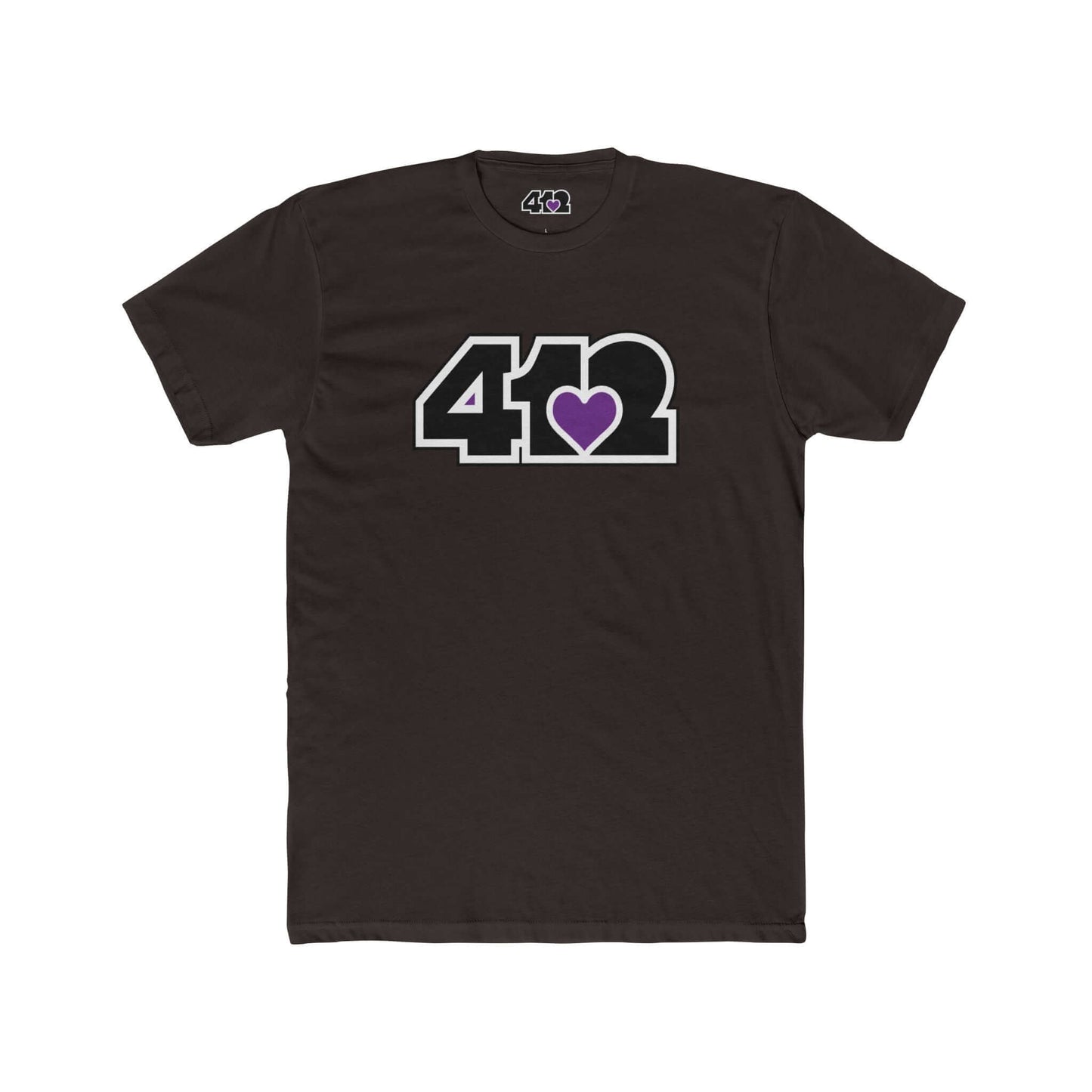 Pittsburgh T-Shirt | Black & Purple 412 Logo. Apparel Color: Solid Dark Chocolate. Tailored fit T-Shirt with breathable cotton fabric, and classic neckline.