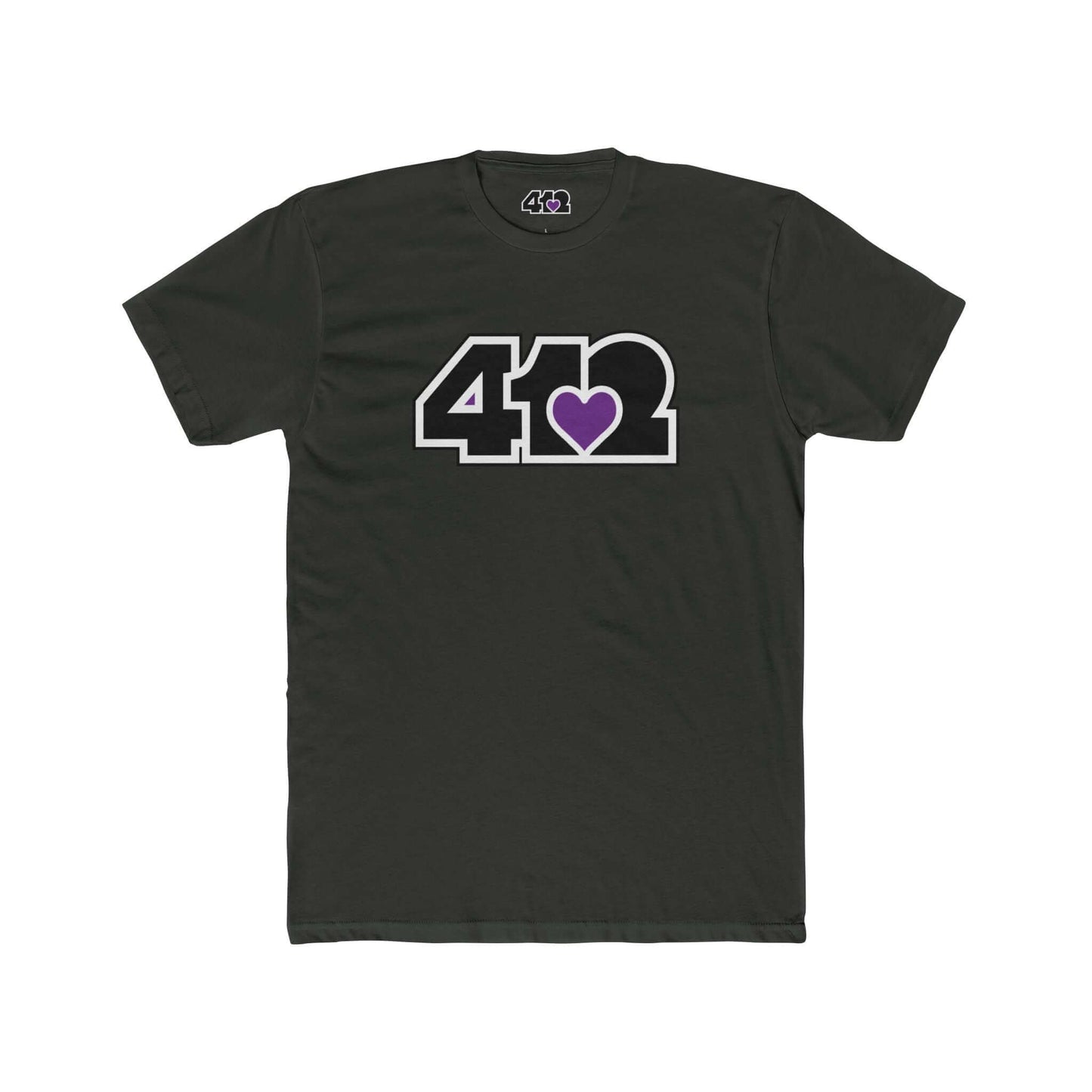 Pittsburgh T-Shirt | Black & Purple 412 Logo. Apparel Color: Solid Heavy Metal. Tailored fit T-Shirt with breathable cotton fabric, and classic neckline.