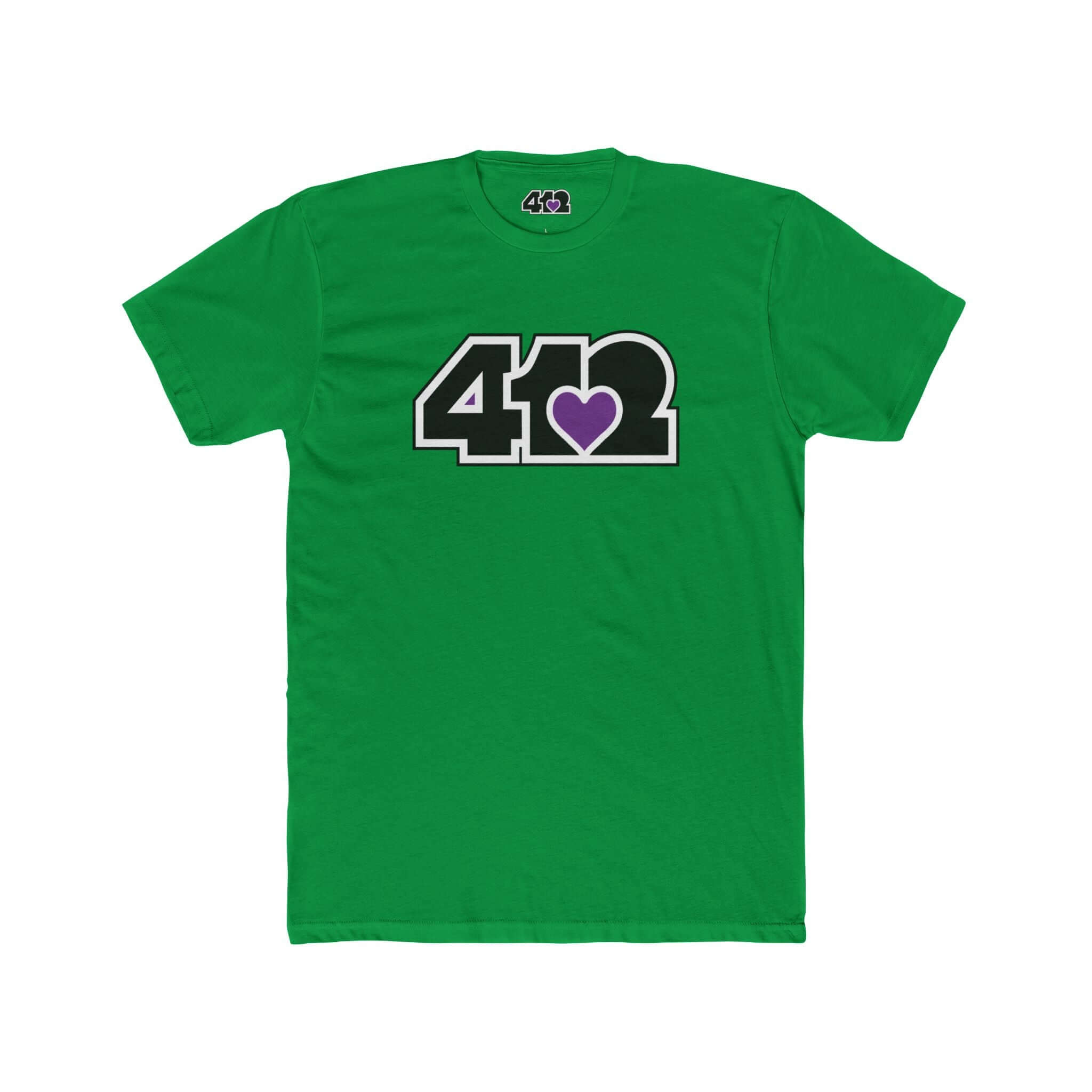 Pittsburgh T-Shirt | Black & Purple 412 Logo. Apparel Color: Solid Kelly Green. Tailored fit T-Shirt with breathable cotton fabric, and classic neckline.