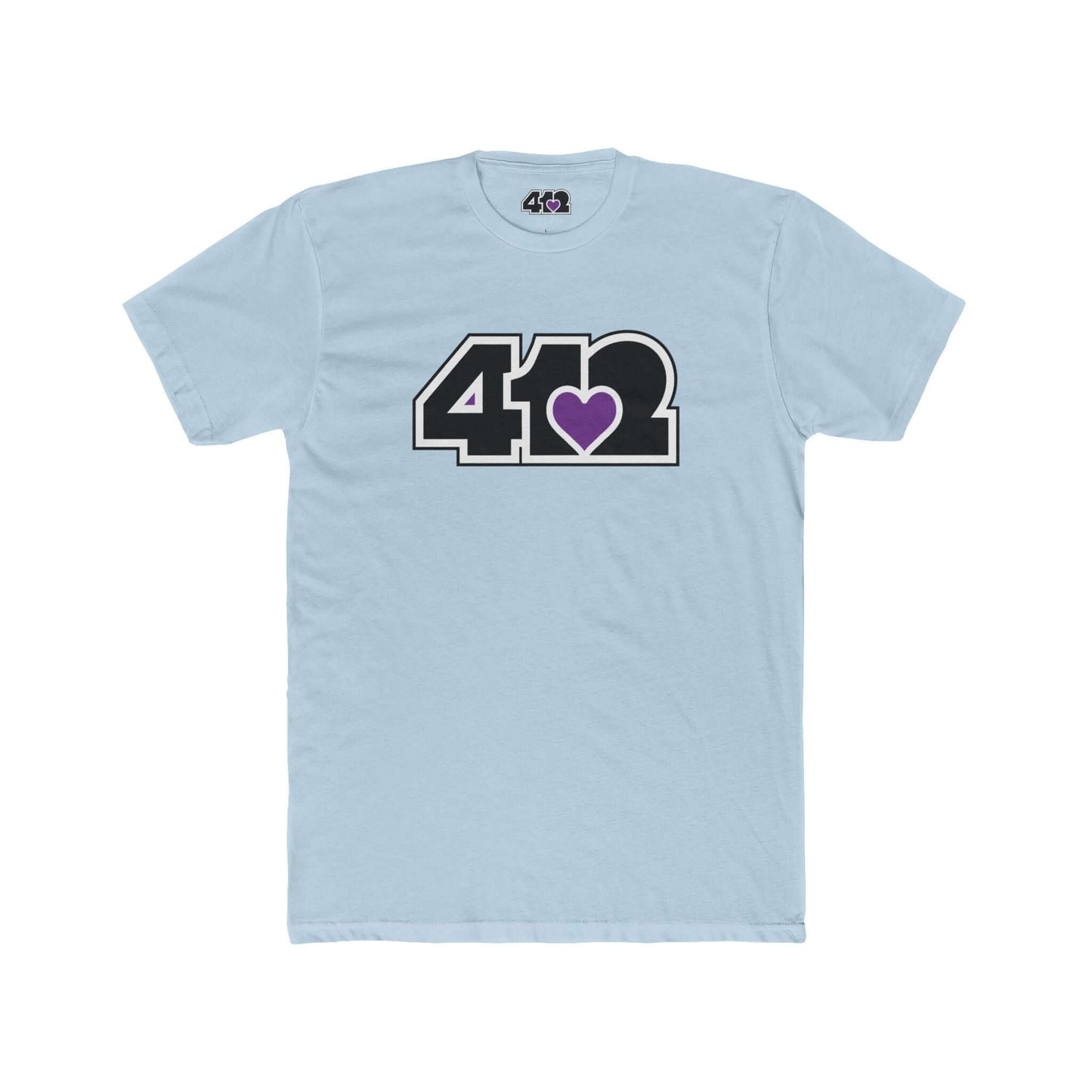 Pittsburgh T-Shirt | Black & Purple 412 Logo. Apparel Color: Solid Light Blue. Tailored fit T-Shirt with breathable cotton fabric, and classic neckline.