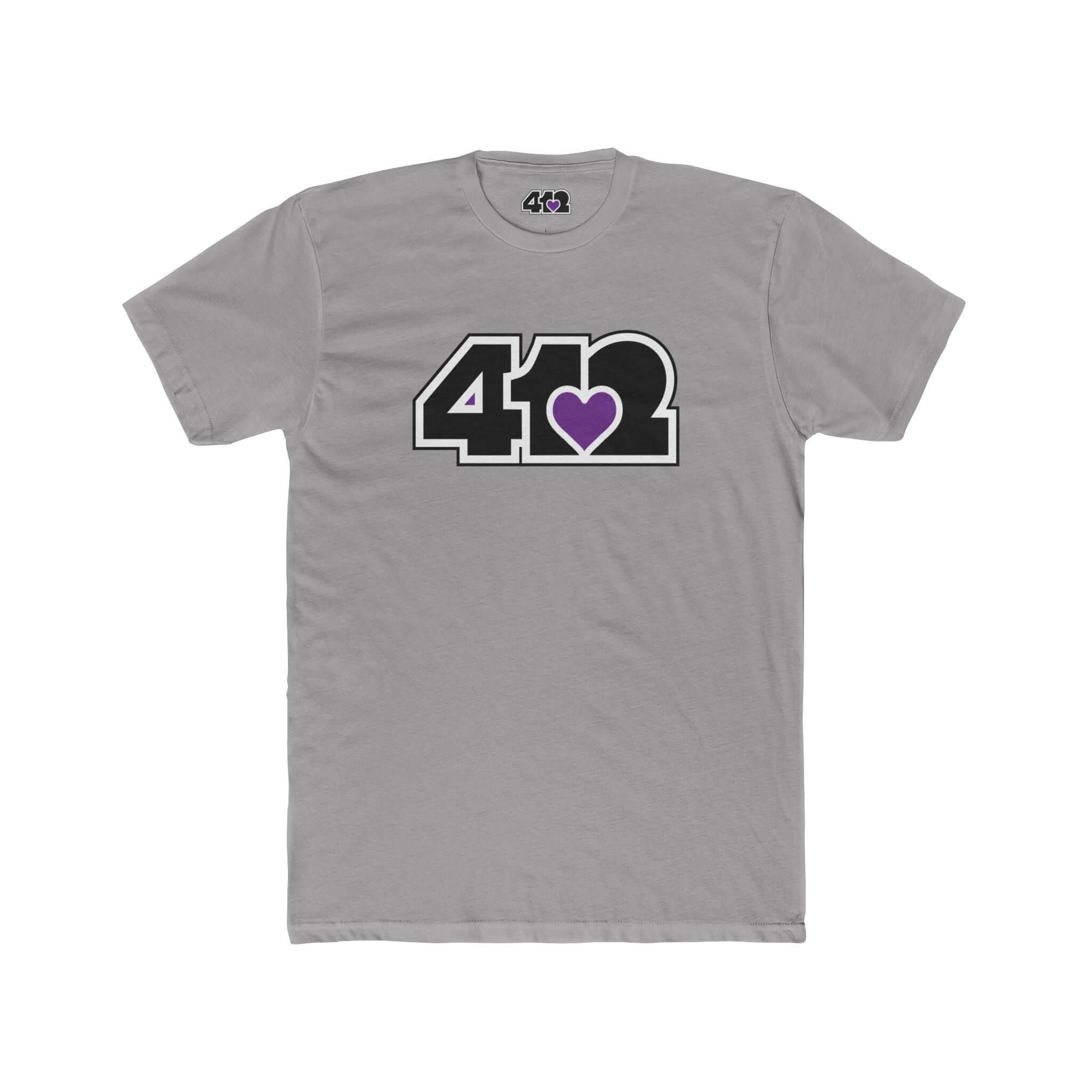 Pittsburgh T-Shirt | Black & Purple 412 Logo. Apparel Color: Solid Light Grey. Tailored fit T-Shirt with breathable cotton fabric, and classic neckline.
