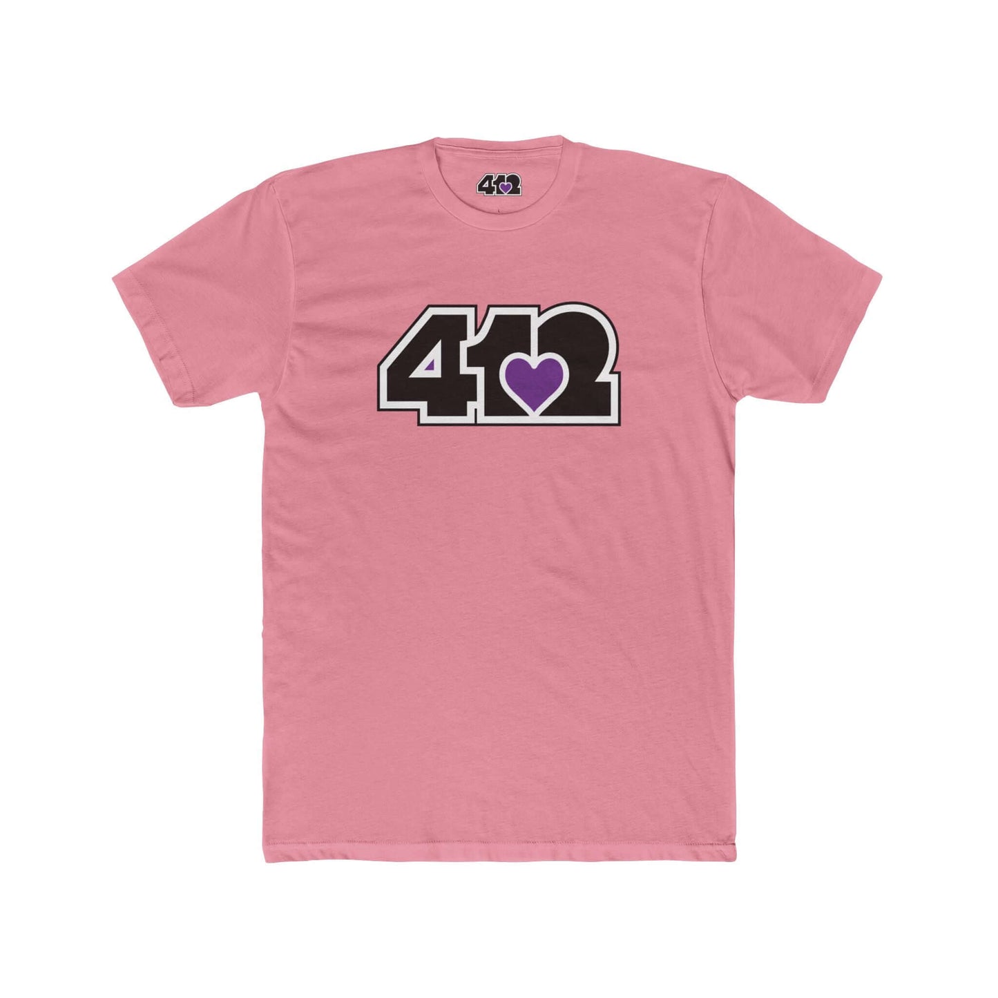 Pittsburgh T-Shirt | Black & Purple 412 Logo. Apparel Color: Solid Light Pink. Tailored fit T-Shirt with breathable cotton fabric, and classic neckline.