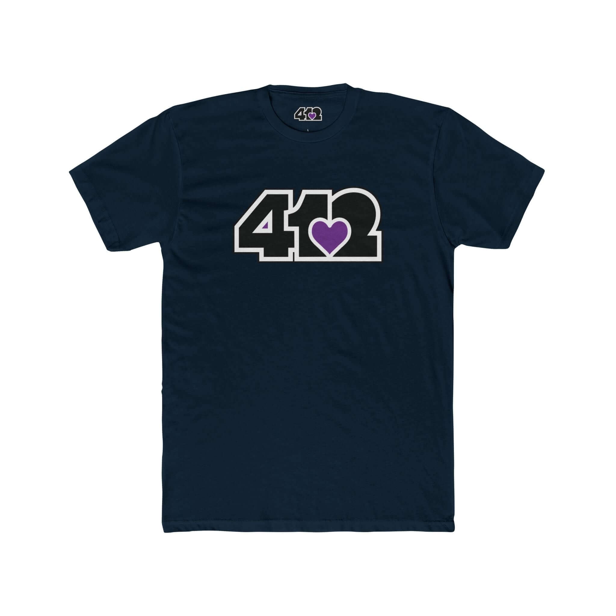 Pittsburgh T-Shirt | Black & Purple 412 Logo. Apparel Color: Solid Midnight Navy. Tailored fit T-Shirt with breathable cotton fabric, and classic neckline.