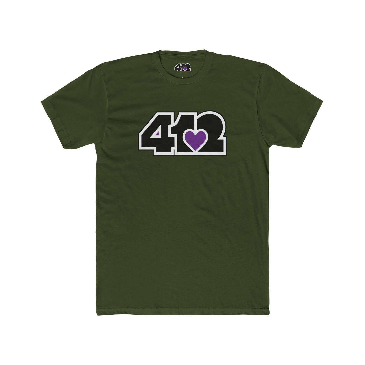 Pittsburgh T-Shirt | Black & Purple 412 Logo. Apparel Color: Solid Military Green. Tailored fit T-Shirt with breathable cotton fabric, and classic neckline.