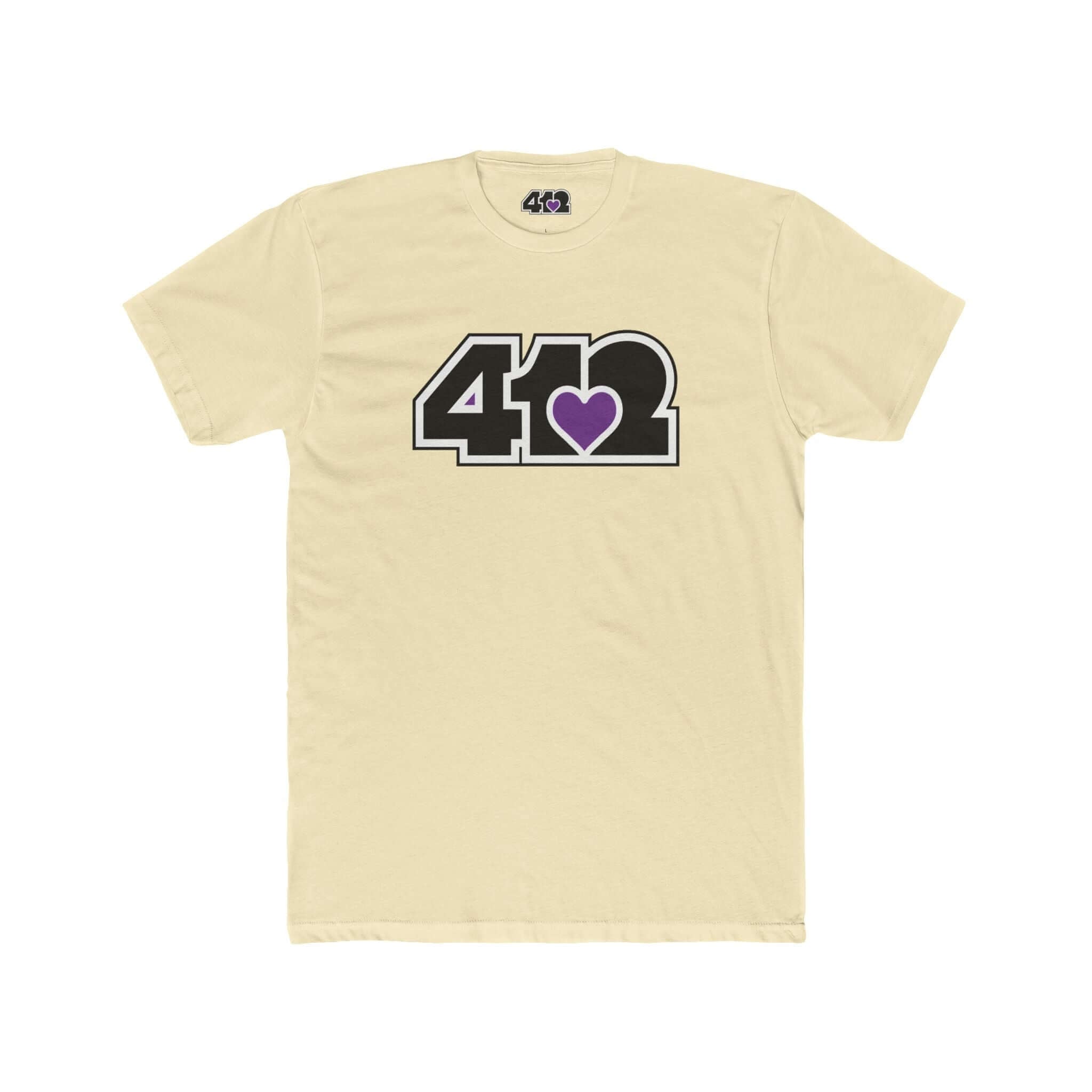 Pittsburgh T-Shirt | Black & Purple 412 Logo. Apparel Color: Solid Natural. Tailored fit T-Shirt with breathable cotton fabric, and classic neckline.