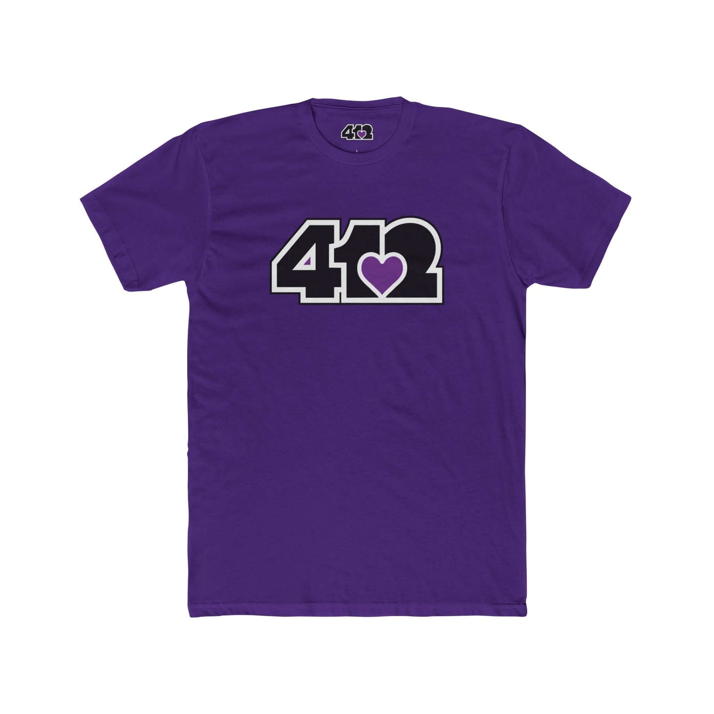 Pittsburgh T-Shirt | Black & Purple 412 Logo. Apparel Color: Solid Purple Rush. Tailored fit T-Shirt with breathable cotton fabric, and classic neckline.