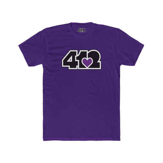 Pittsburgh T-Shirt | Black & Purple 412 Logo. Apparel Color: Solid Purple Rush. Tailored fit T-Shirt with breathable cotton fabric, and classic neckline.