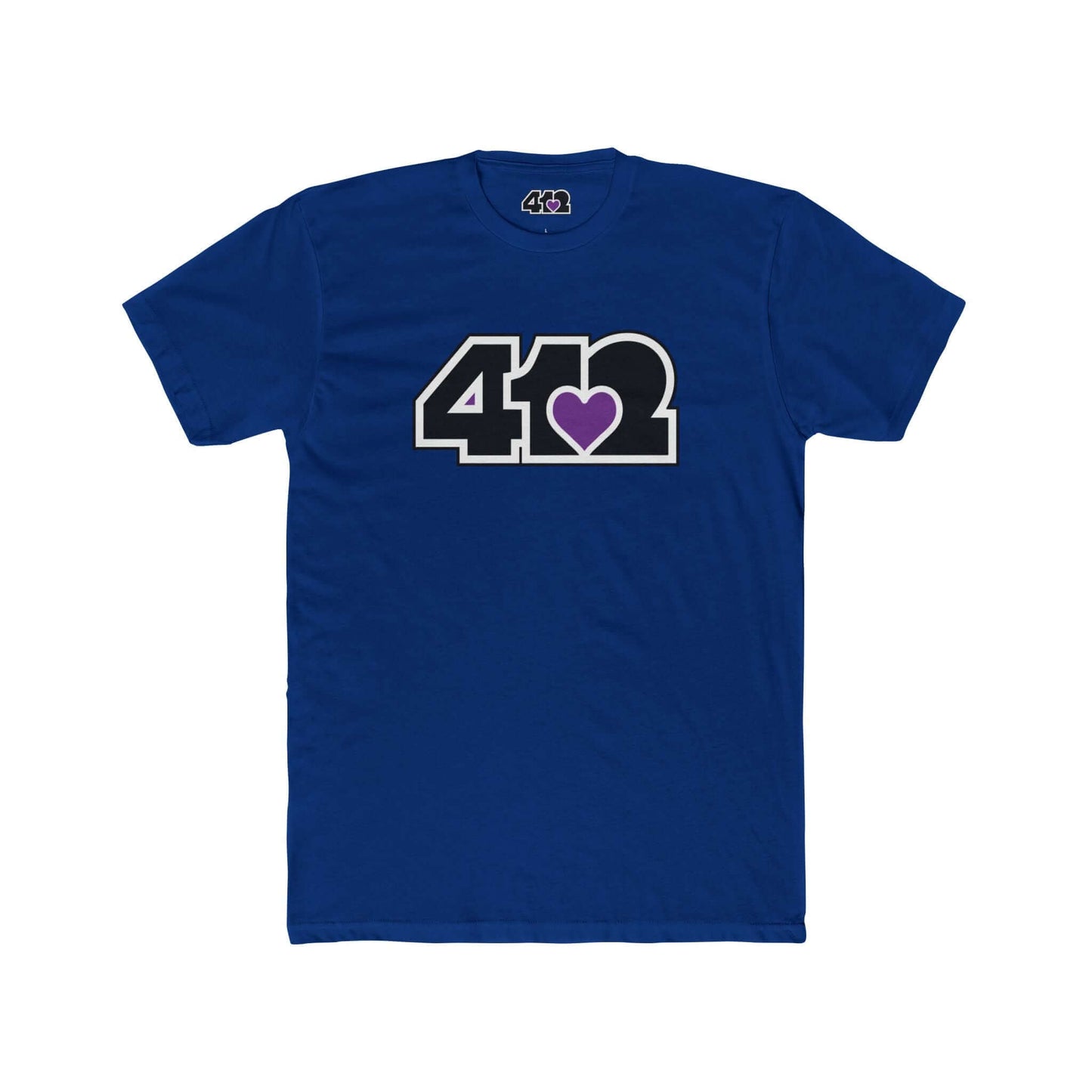 Pittsburgh T-Shirt | Black & Purple 412 Logo. Apparel Color: Solid Royal. Tailored fit T-Shirt with breathable cotton fabric, and classic neckline.