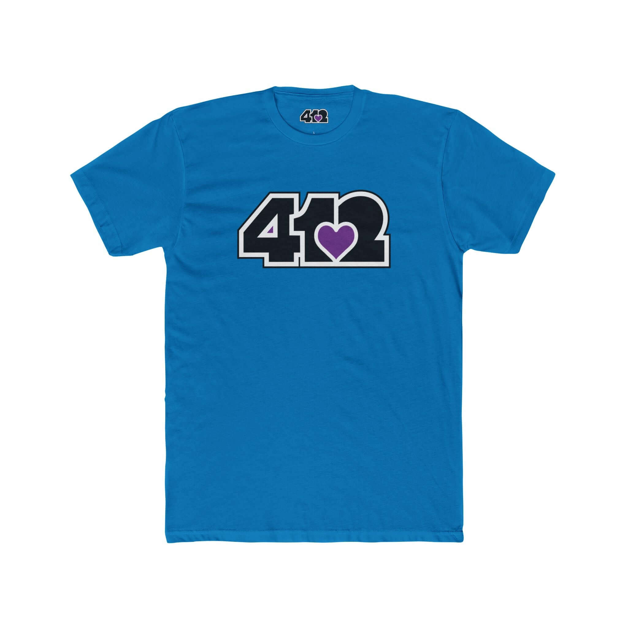 Pittsburgh T-Shirt | Black & Purple 412 Logo. Apparel Color: Solid Turquoise. Tailored fit T-Shirt with breathable cotton fabric, and classic neckline.