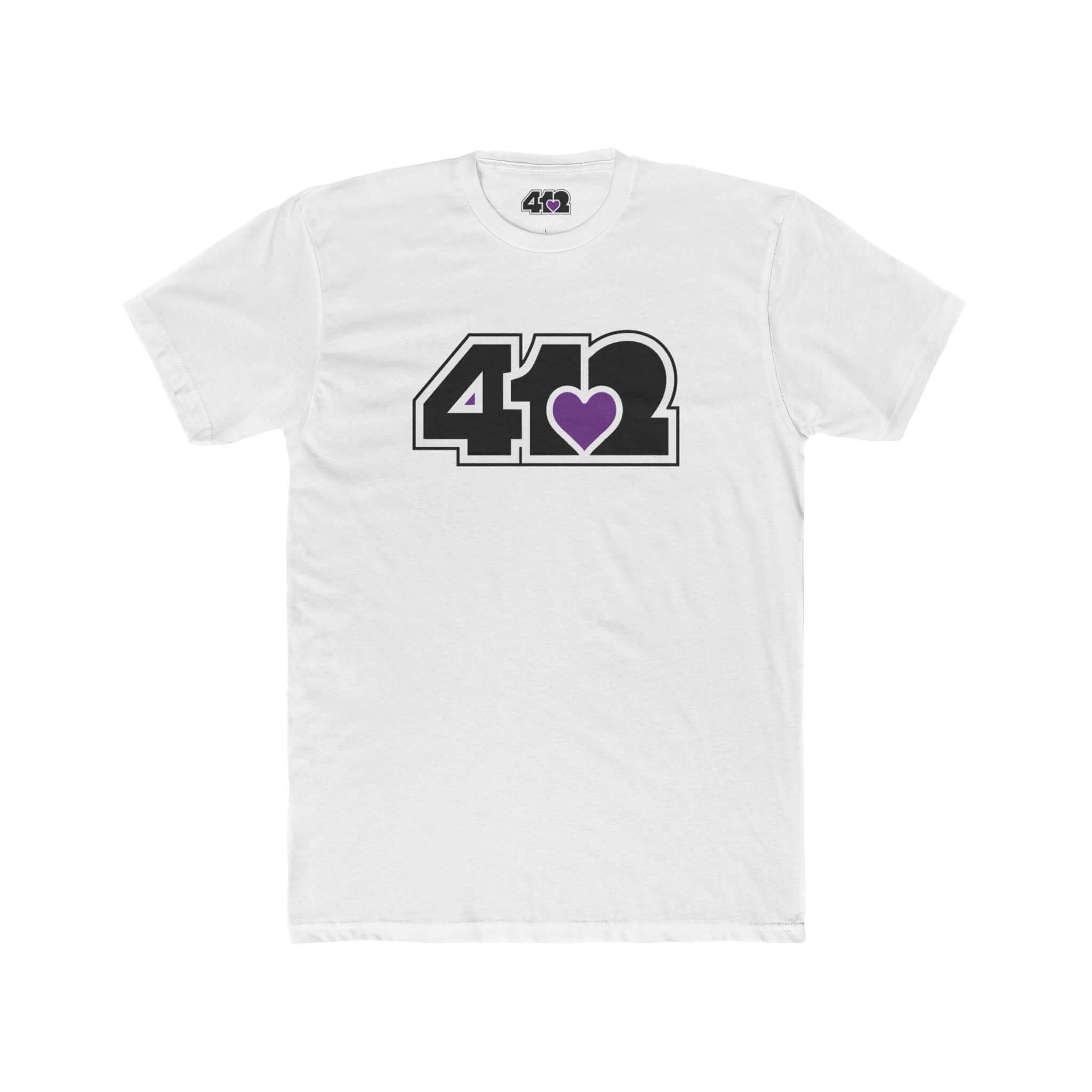 Pittsburgh T-Shirt | Black & Purple 412 Logo. Apparel Color: Solid White. Tailored fit T-Shirt with breathable cotton fabric, and classic neckline.