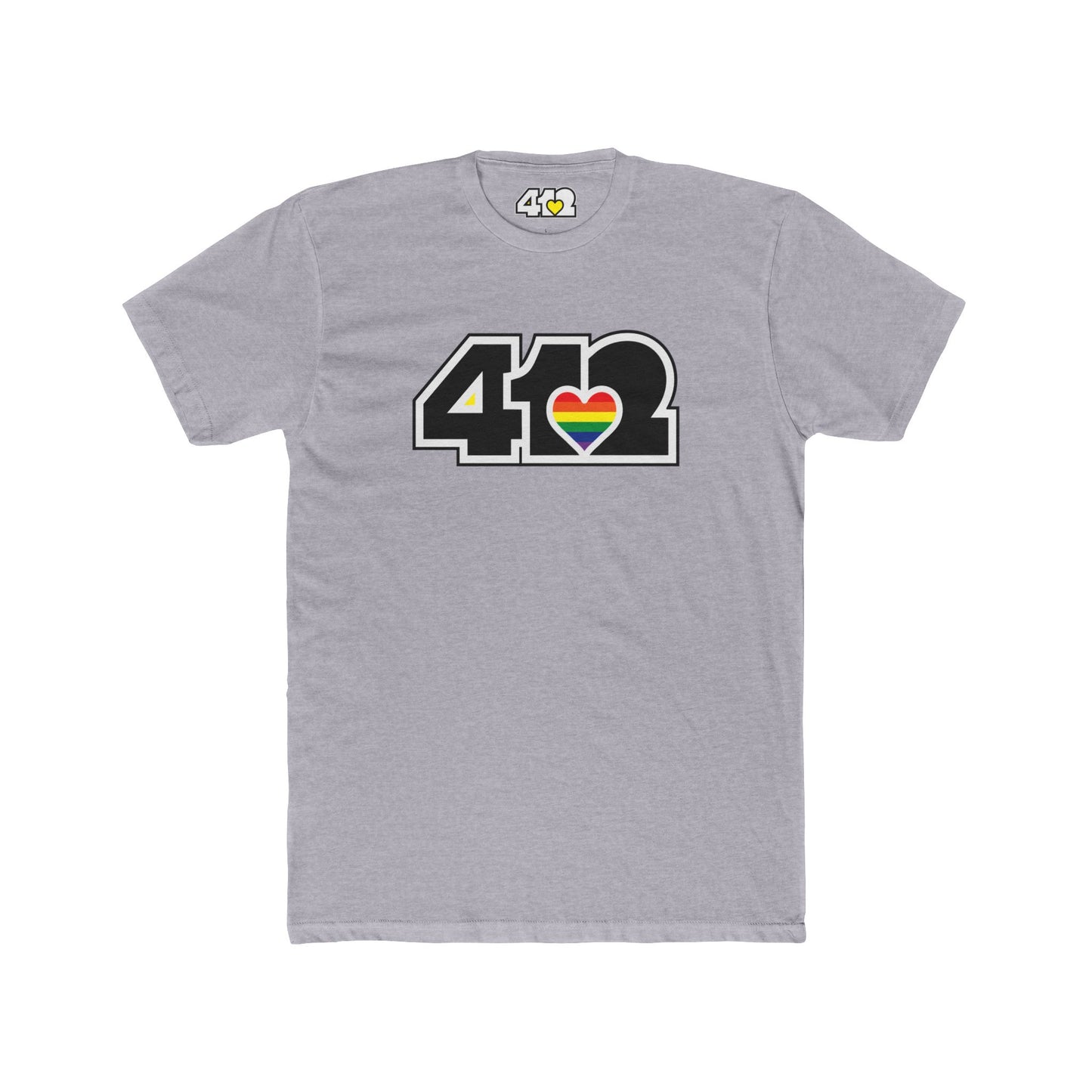 Pittsburgh T-Shirt | Black & Rainbow 412 Logo. Apparel Color: Heather Grey. Tailored fit T-Shirt with breathable cotton fabric, and classic neckline.