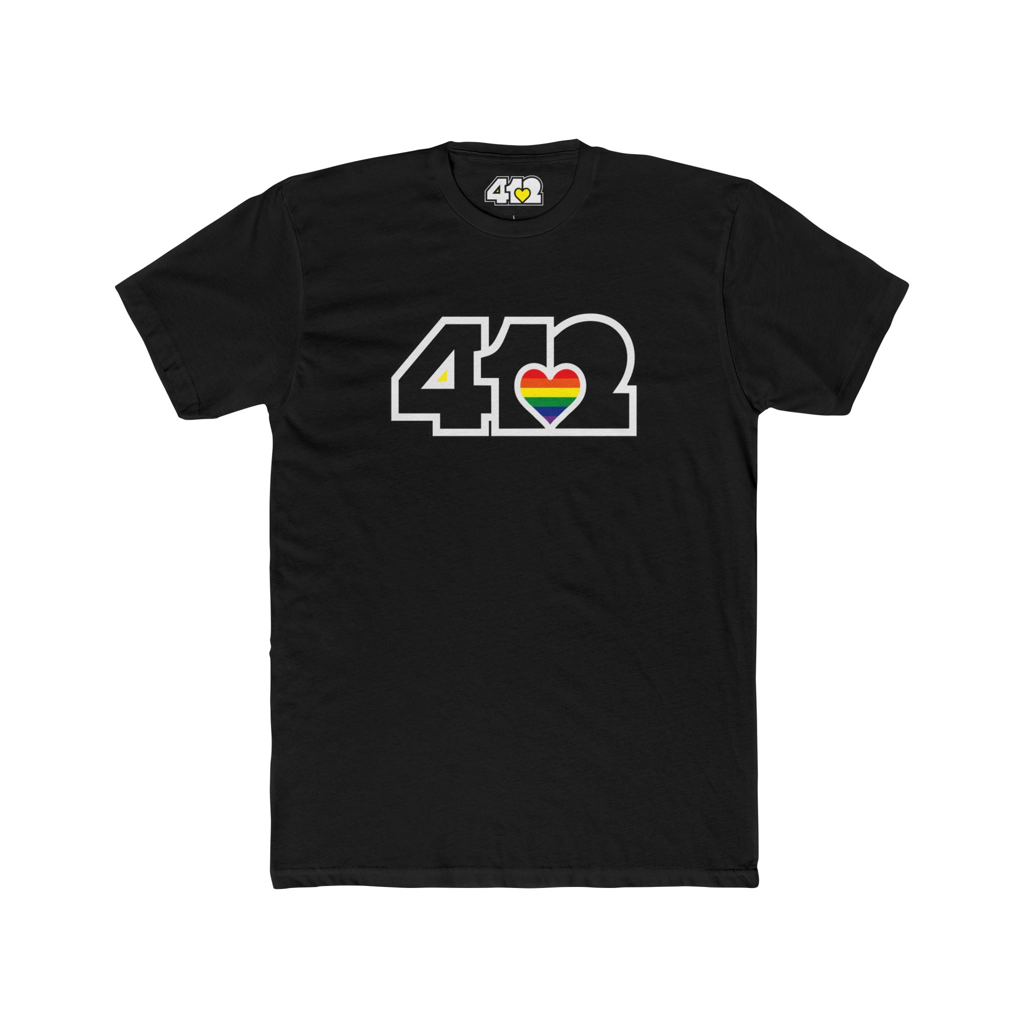 Pittsburgh T-Shirt | Black & Rainbow 412 Logo. Apparel Color: Solid Black. Tailored fit T-Shirt with breathable cotton fabric, and classic neckline.