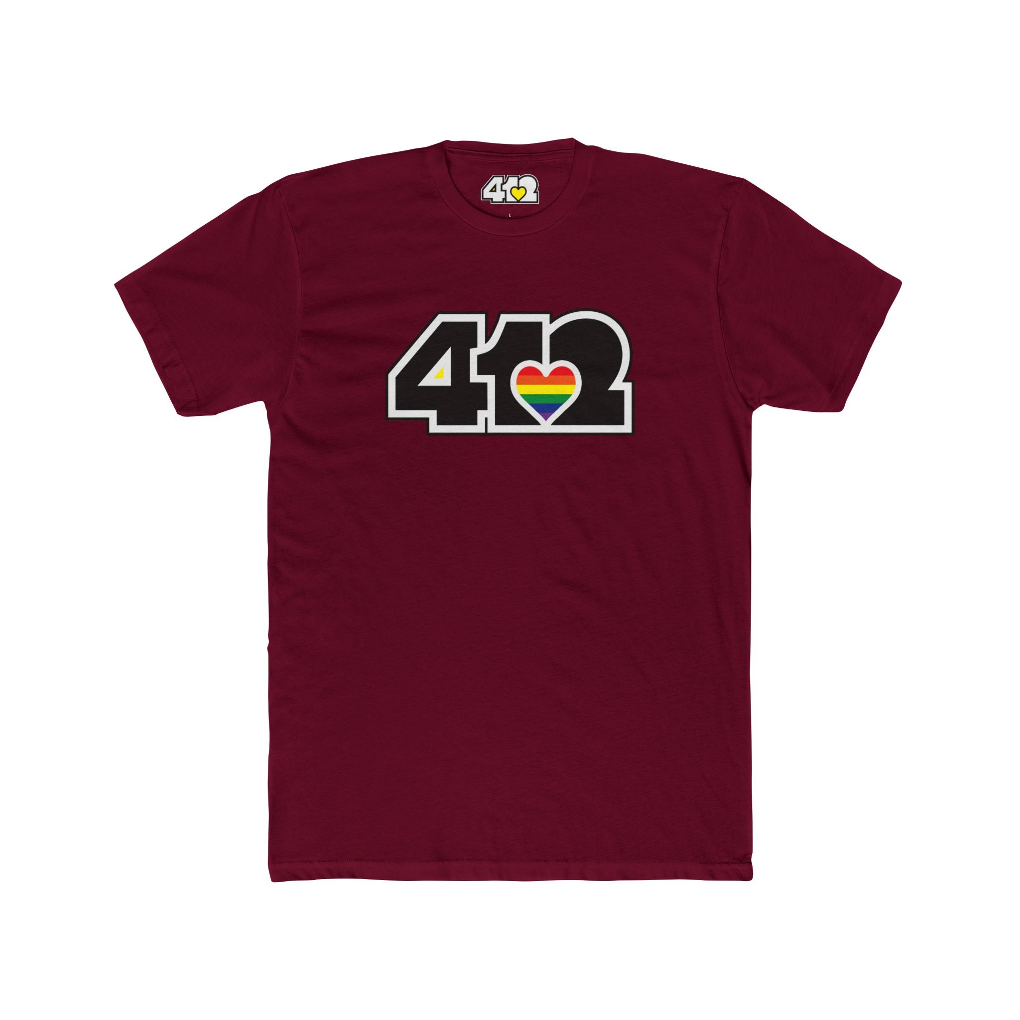 Pittsburgh T-Shirt | Black & Rainbow 412 Logo. Apparel Color: Solid Cardinal Red. Tailored fit T-Shirt with breathable cotton fabric, and classic neckline.