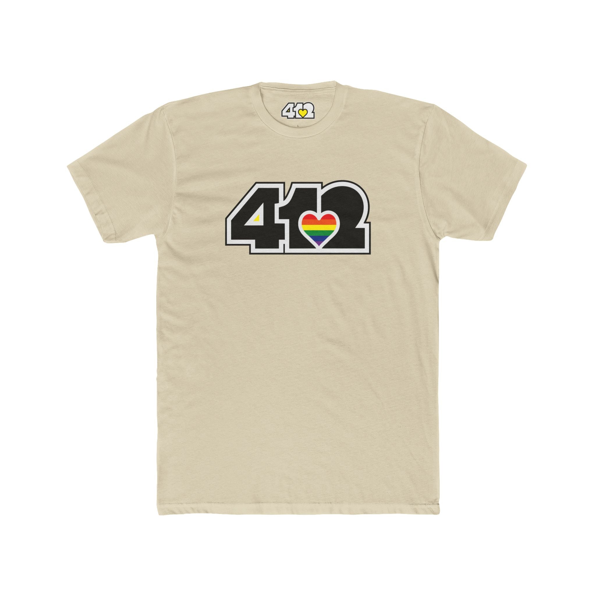 Pittsburgh T-Shirt | Black & Rainbow 412 Logo. Apparel Color: Solid Cream. Tailored fit T-Shirt with breathable cotton fabric, and classic neckline.