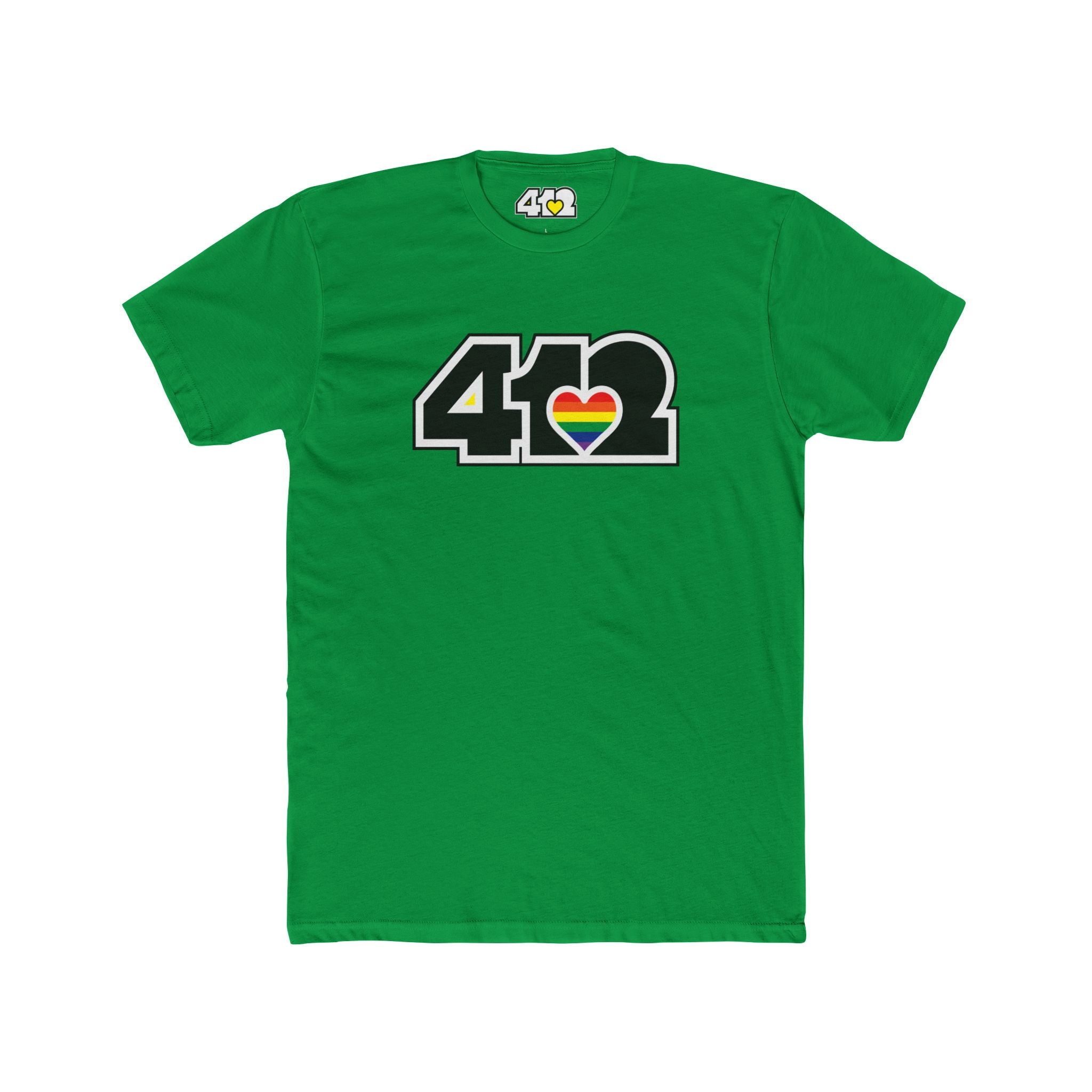 Pittsburgh T-Shirt | Black & Rainbow 412 Logo. Apparel Color: Solid Kelly Green. Tailored fit T-Shirt with breathable cotton fabric, and classic neckline.