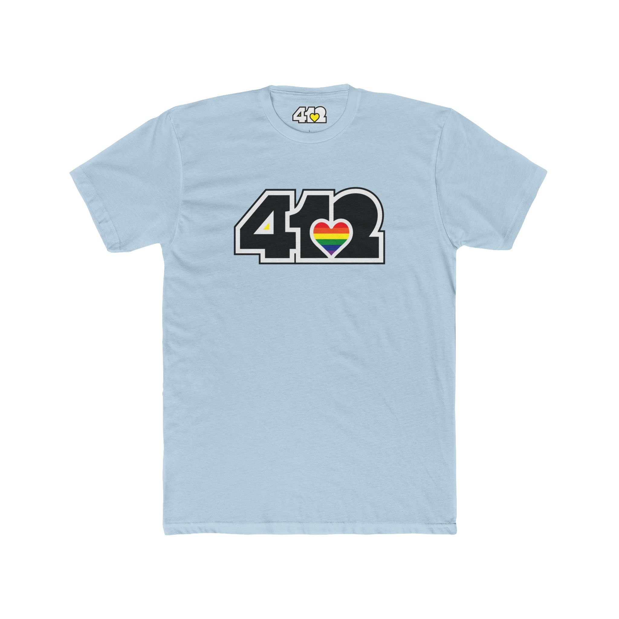 Pittsburgh T-Shirt | Black & Rainbow 412 Logo. Apparel Color: Solid Light Blue. Tailored fit T-Shirt with breathable cotton fabric, and classic neckline.