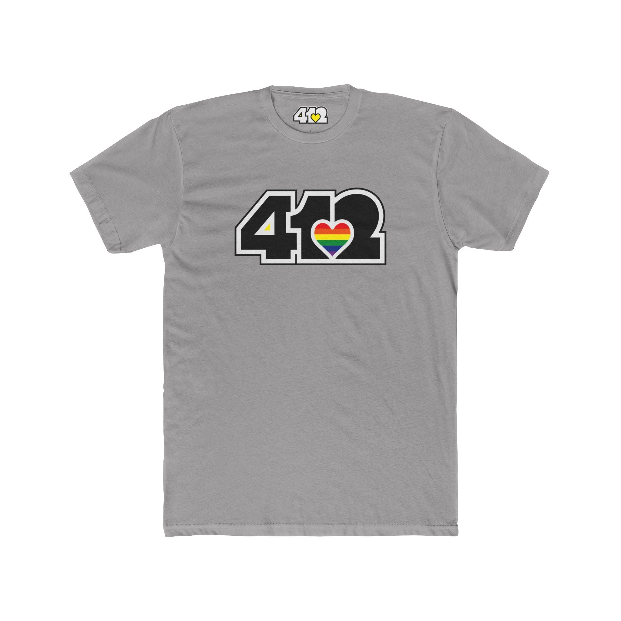 Pittsburgh T-Shirt | Black & Rainbow 412 Logo. Apparel Color: Solid Light Grey. Tailored fit T-Shirt with breathable cotton fabric, and classic neckline.