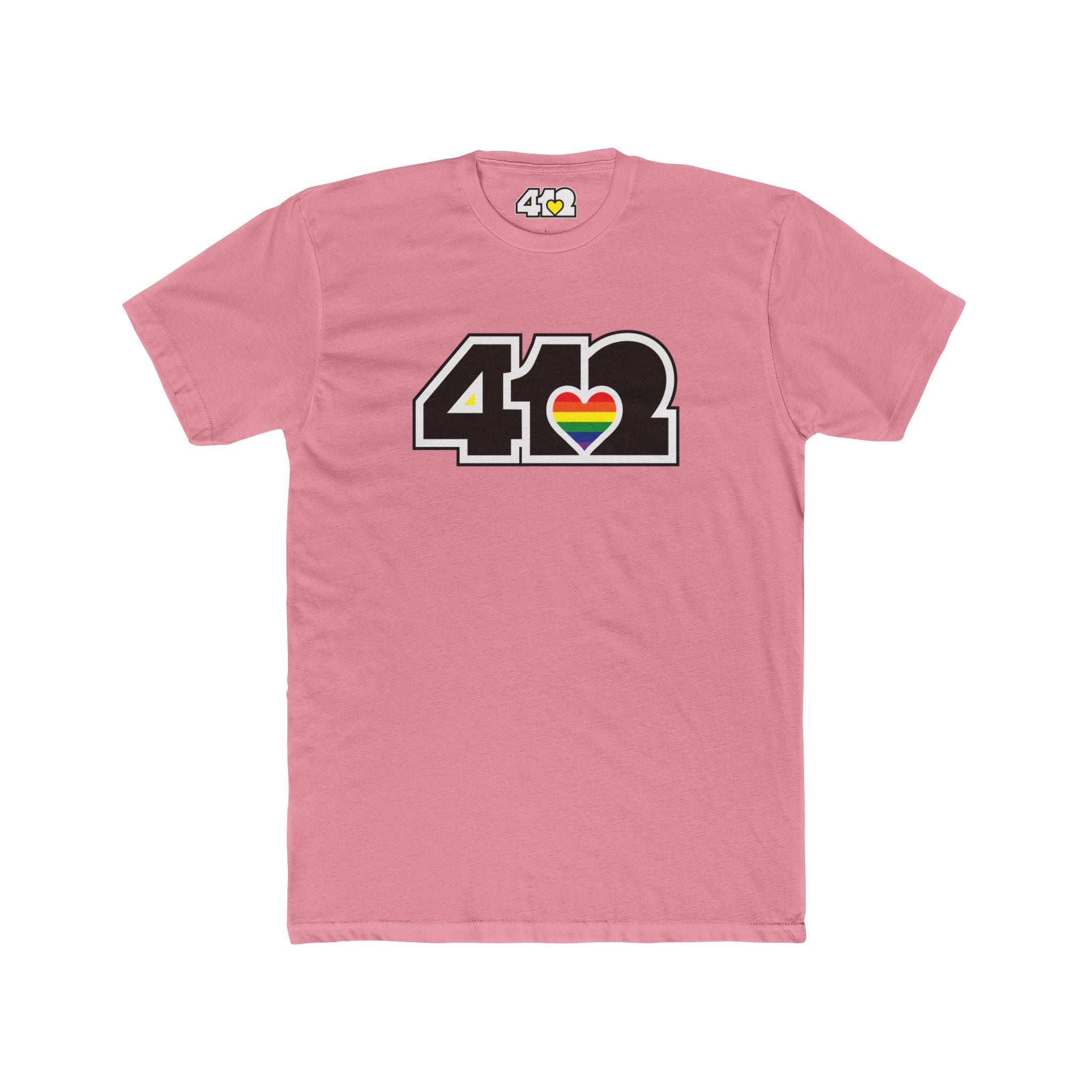 Pittsburgh T-Shirt | Black & Rainbow 412 Logo. Apparel Color: Solid Light Pink. Tailored fit T-Shirt with breathable cotton fabric, and classic neckline.