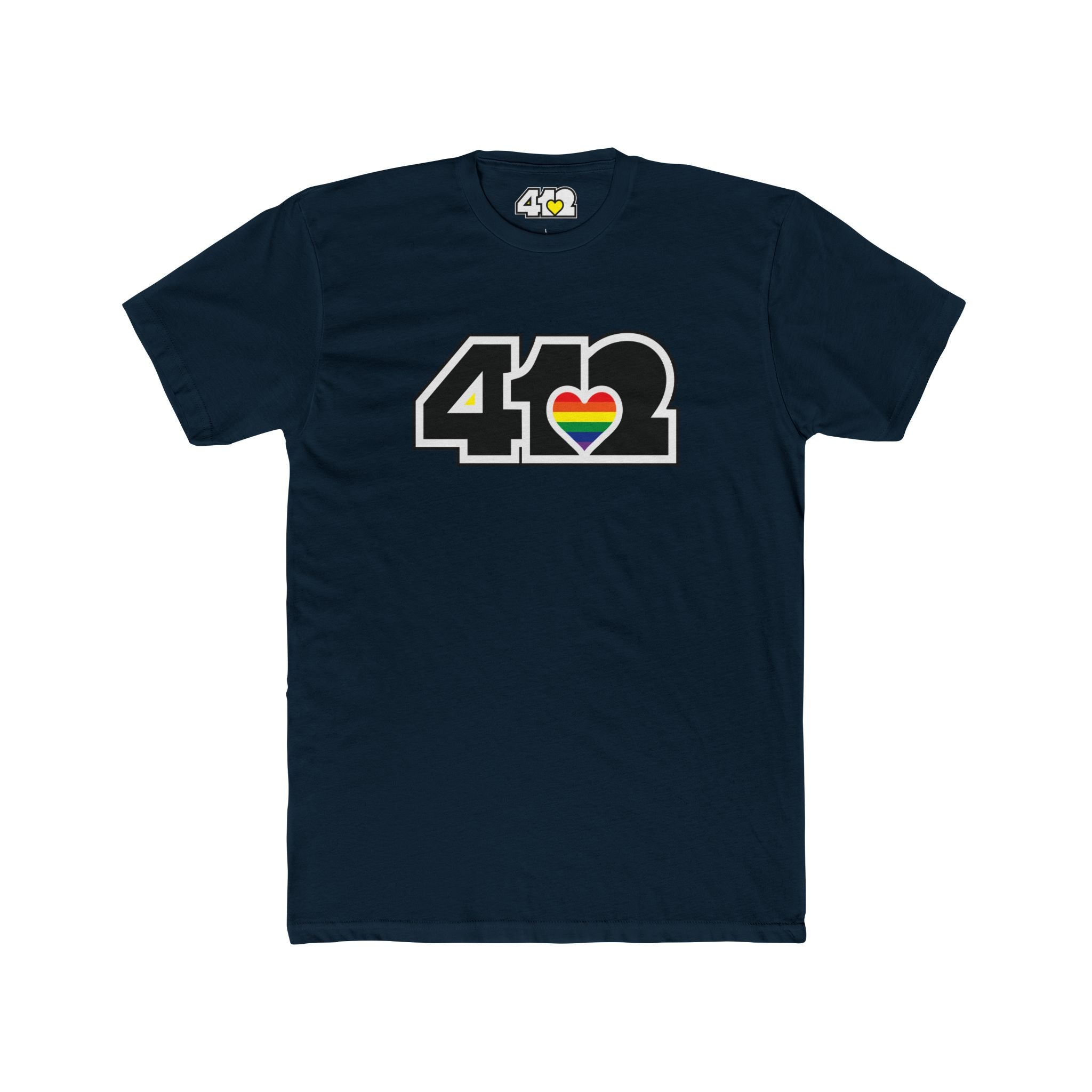 Pittsburgh T-Shirt | Black & Rainbow 412 Logo. Apparel Color: Solid Midnight Navy. Tailored fit T-Shirt with breathable cotton fabric, and classic neckline.